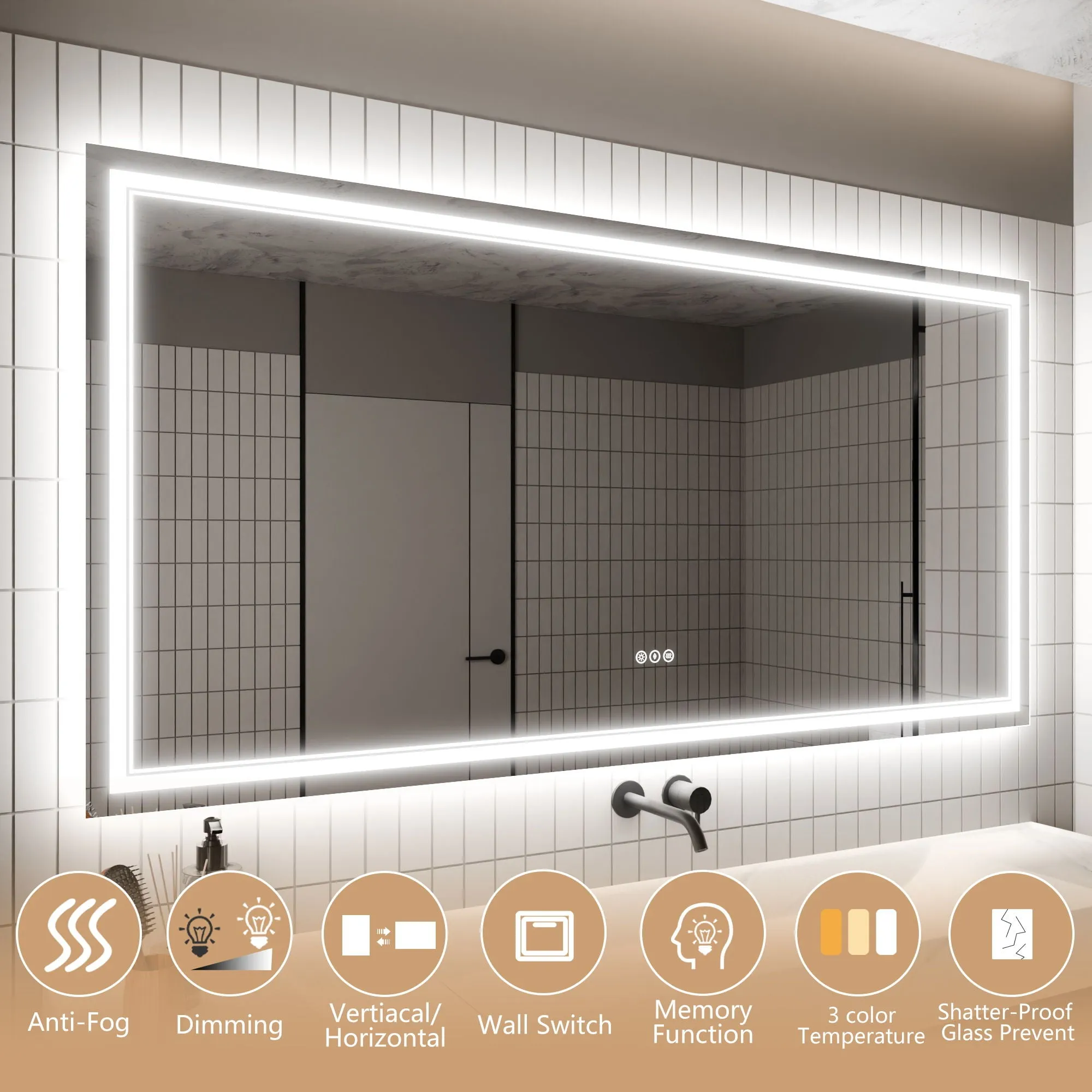 Led Bathroom Mirror, 36X72" Bathroom Vanity Mirrors With Lights, Mirrors For Wall With Smart Touch Button, Anti - Fog, Memory Function, Stepless Dimmable Makeup Mirror (Horizontal / Vertical)