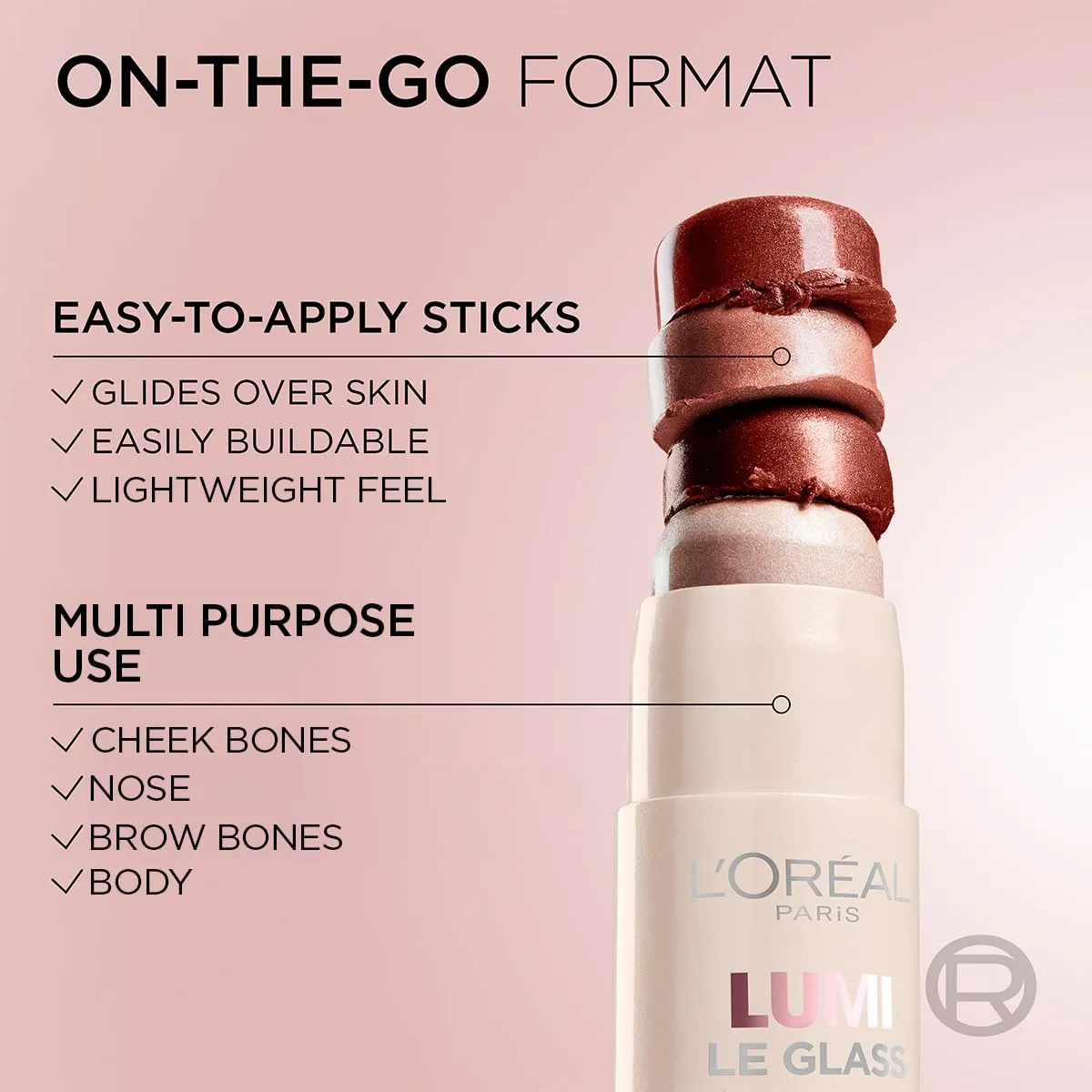 L'Oréal Paris Lumi Le Glow Highlighter Stick, Lightweight Multi-Use Glow, Buildable Shimmer, Illuminator, 640 Glowy Sparkling Rose, 6.5g