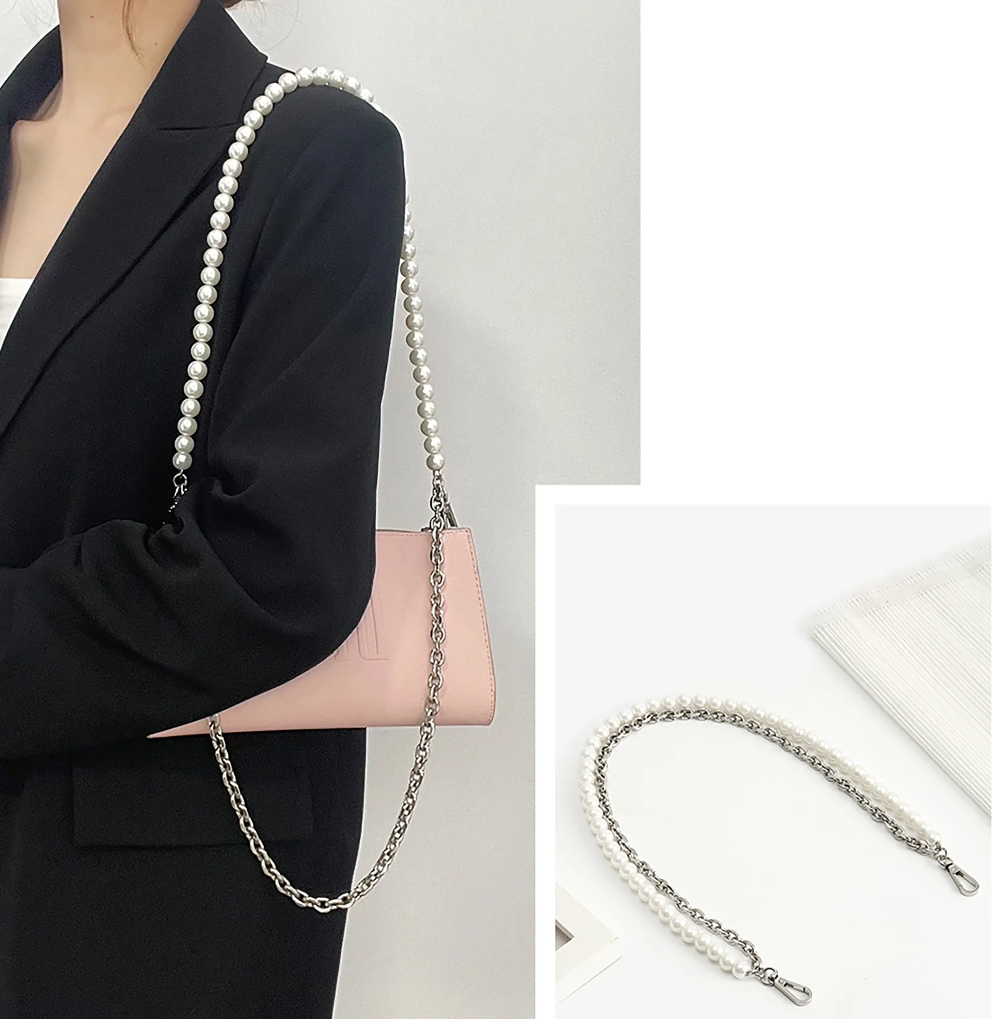 Makeup bag pearl chain accessory, short underarm chain for bag modification, metal bag chain.