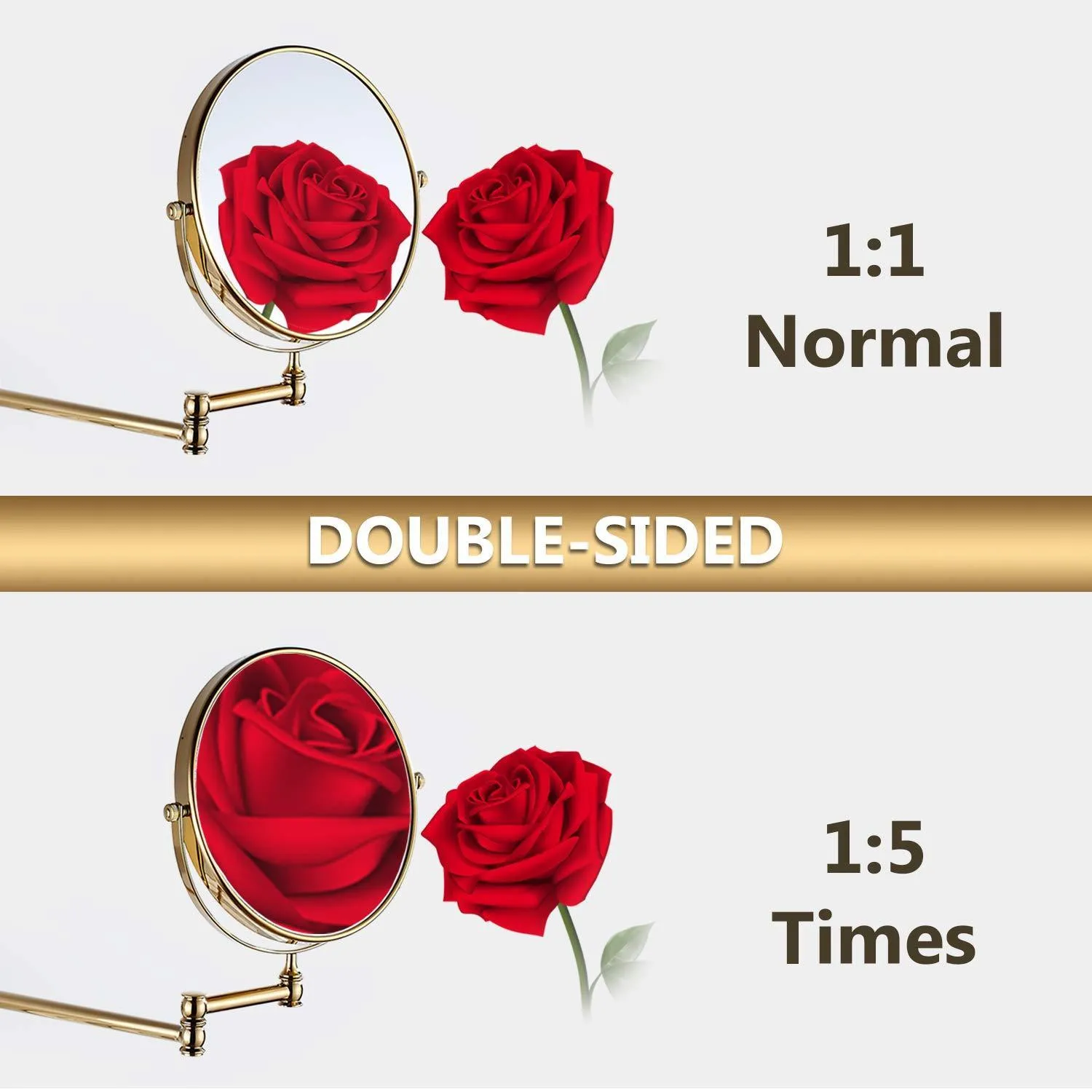 Makeup Mirror Wall Mount 8 Inch Dual Side with 1x/5x Magnification Bathroom Magnifying Mirror Two Side 360 Swivel Cosmetic Face Mirror Extendable Vanity Mirrors Luxury Brass Gold MARMOLUX ACC