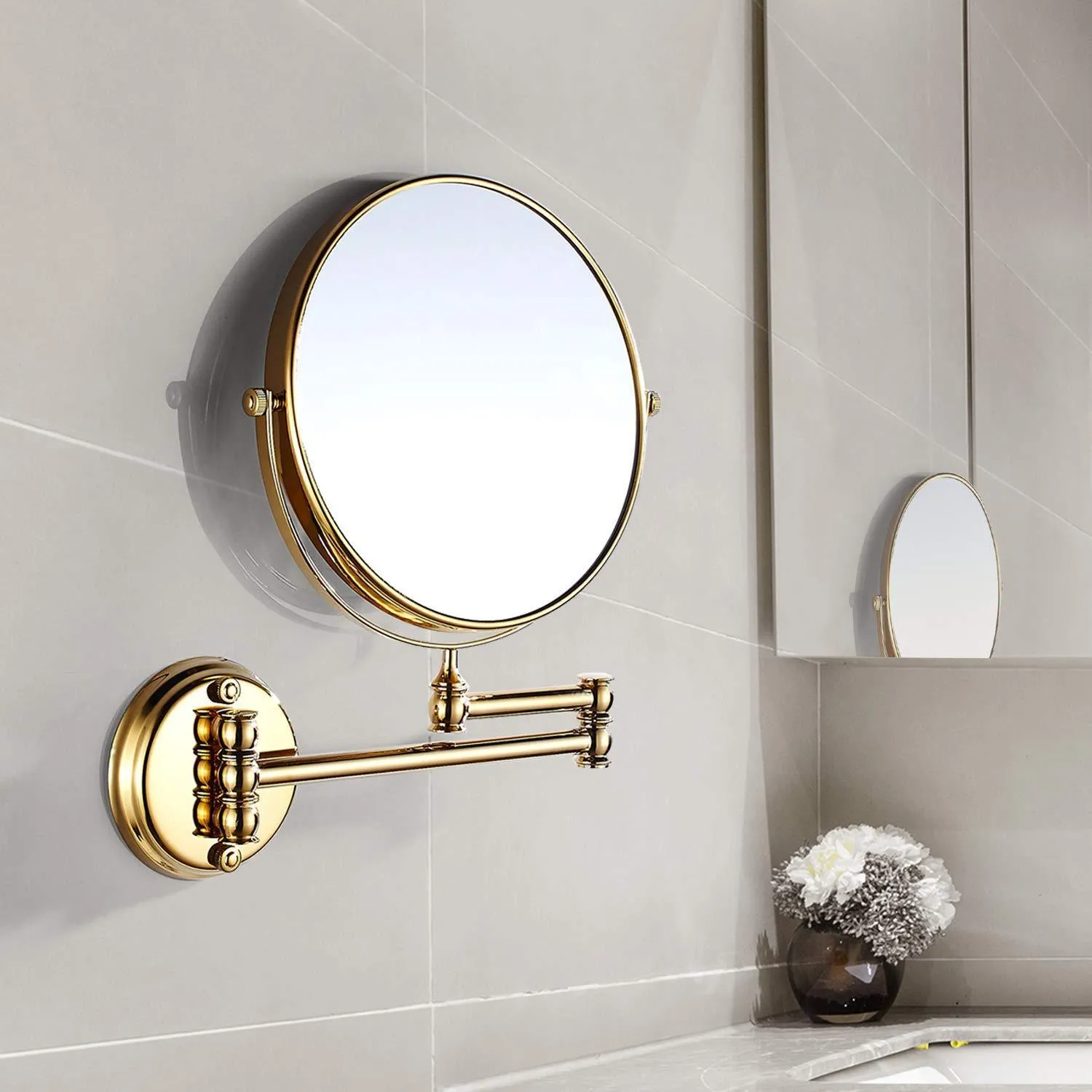 Makeup Mirror Wall Mount 8 Inch Dual Side with 1x/5x Magnification Bathroom Magnifying Mirror Two Side 360 Swivel Cosmetic Face Mirror Extendable Vanity Mirrors Luxury Brass Gold MARMOLUX ACC