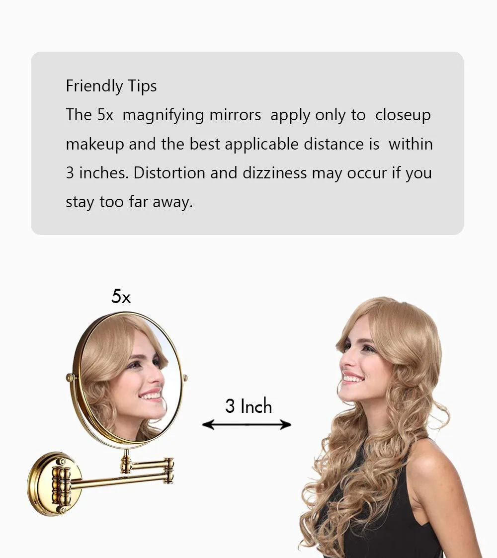 Makeup Mirror Wall Mount 8 Inch Dual Side with 1x/5x Magnification Bathroom Magnifying Mirror Two Side 360 Swivel Cosmetic Face Mirror Extendable Vanity Mirrors Luxury Brass Gold MARMOLUX ACC