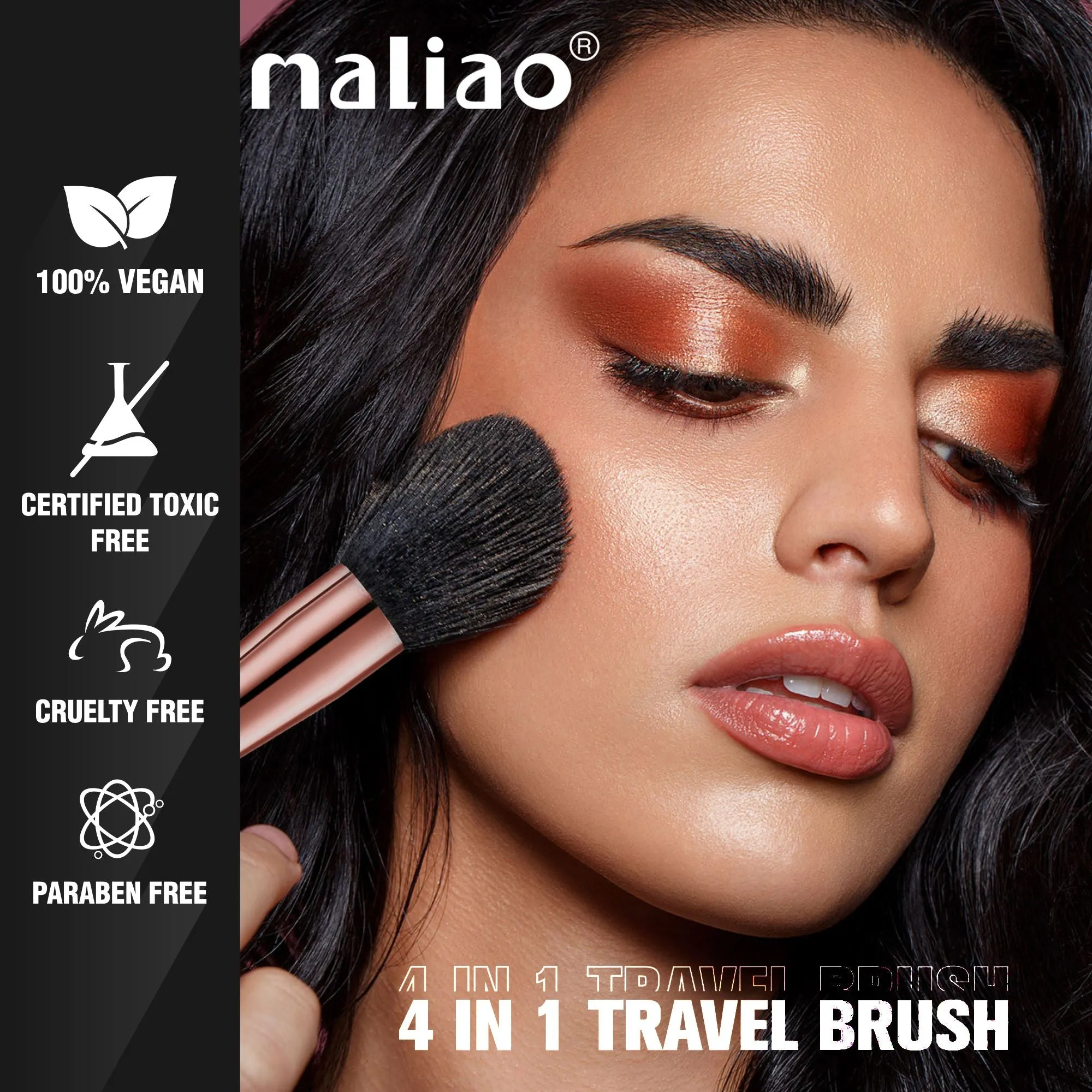 MALIAO 4 in 1 Travel Brush with Foundation Brush, Powder Brush, Eyeshadow Blending Brush & Flat Brush | Soft Bristles Makeup Brushes Set for Women