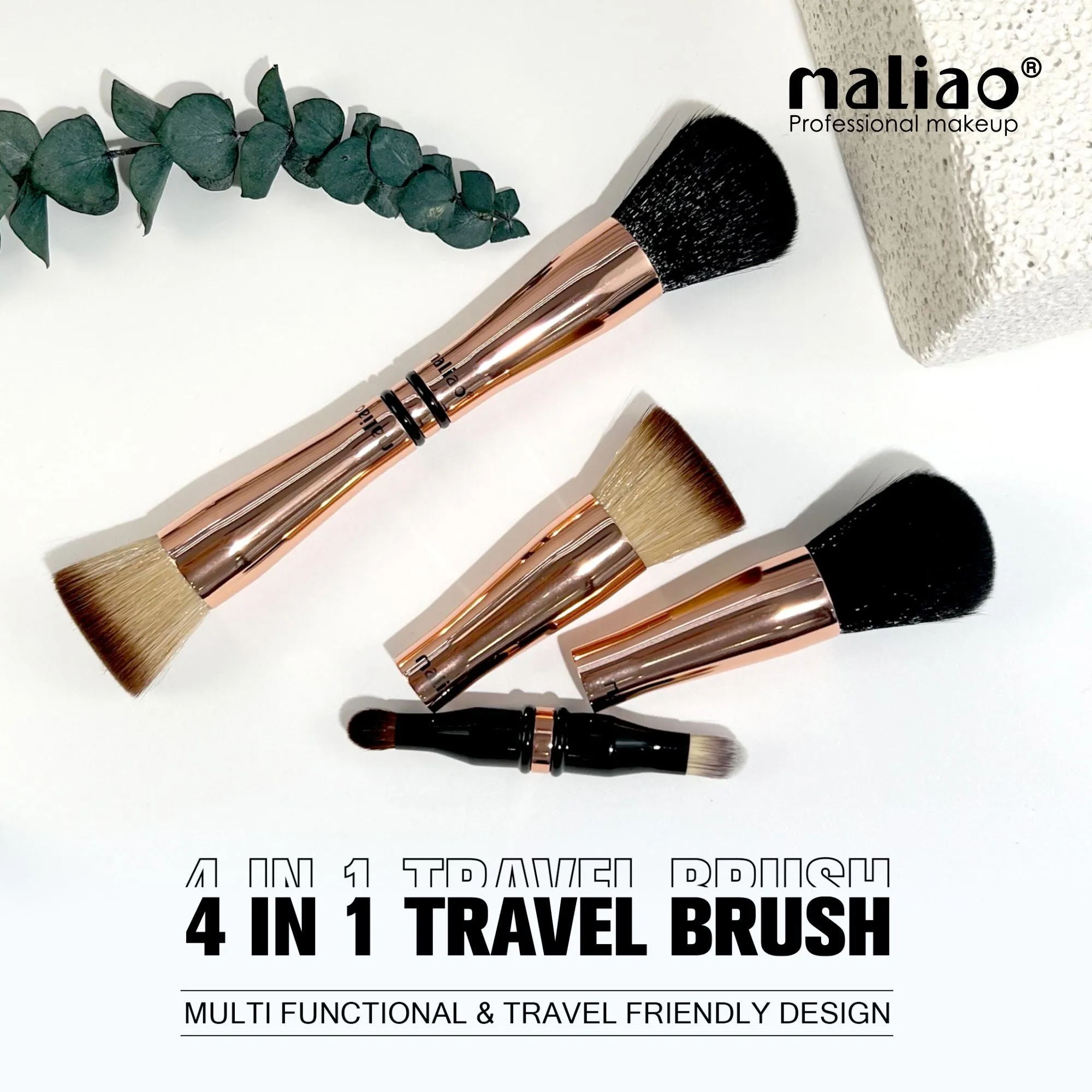MALIAO 4 in 1 Travel Brush with Foundation Brush, Powder Brush, Eyeshadow Blending Brush & Flat Brush | Soft Bristles Makeup Brushes Set for Women