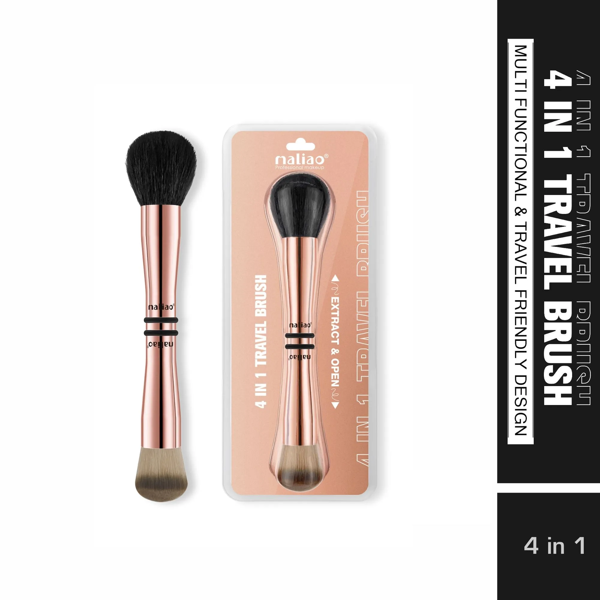 MALIAO 4 in 1 Travel Brush with Foundation Brush, Powder Brush, Eyeshadow Blending Brush & Flat Brush | Soft Bristles Makeup Brushes Set for Women
