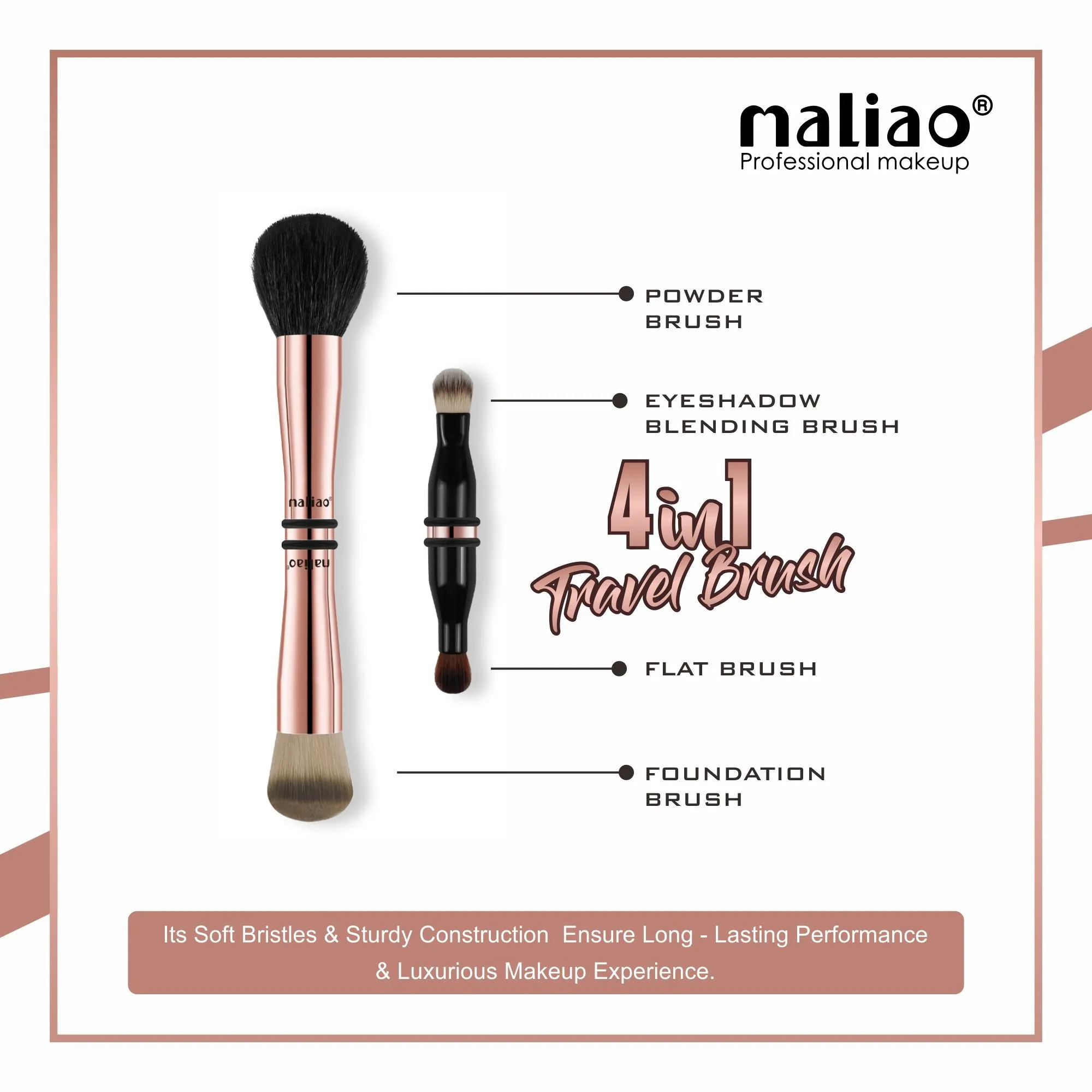 MALIAO 4 in 1 Travel Brush with Foundation Brush, Powder Brush, Eyeshadow Blending Brush & Flat Brush | Soft Bristles Makeup Brushes Set for Women