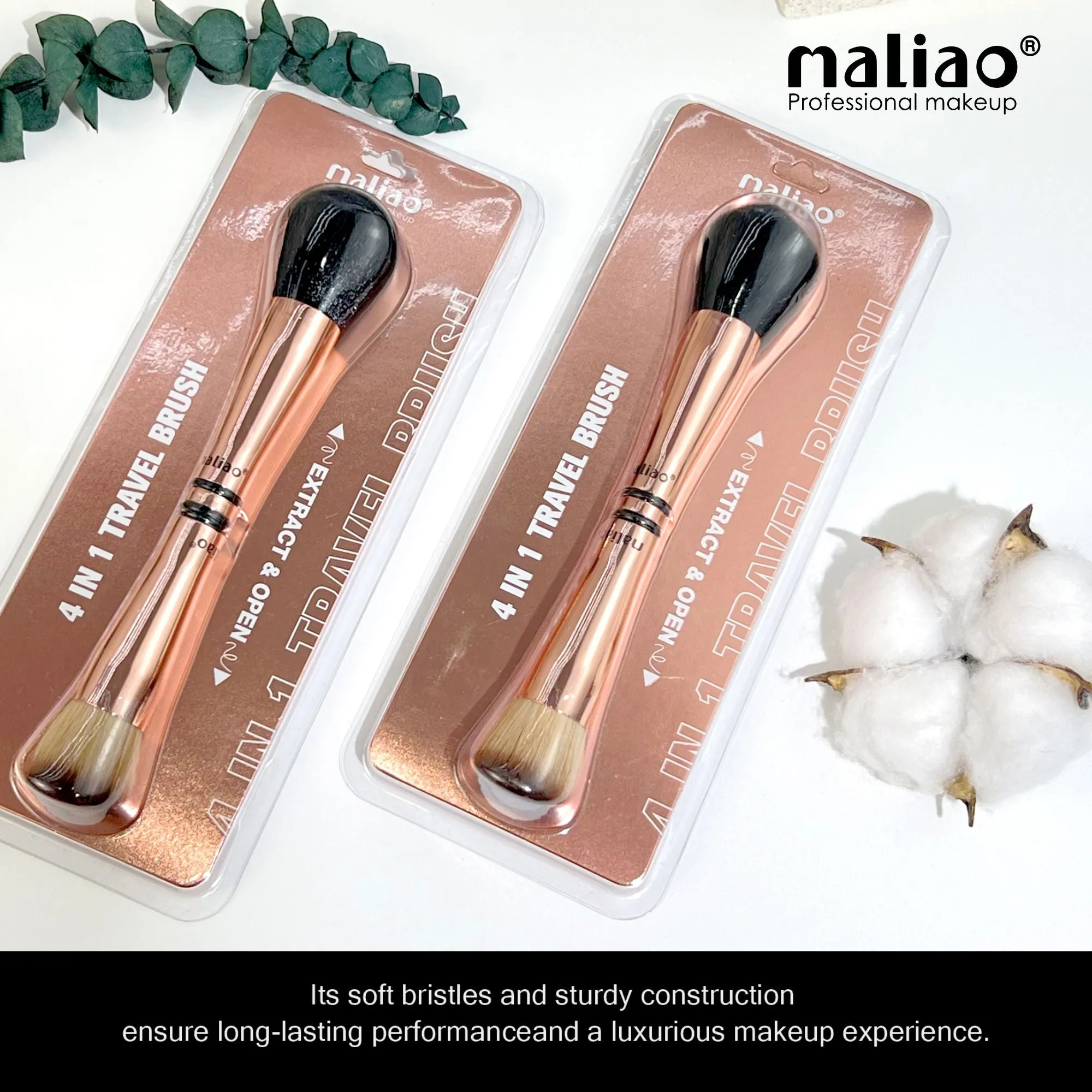 MALIAO 4 in 1 Travel Brush with Foundation Brush, Powder Brush, Eyeshadow Blending Brush & Flat Brush | Soft Bristles Makeup Brushes Set for Women