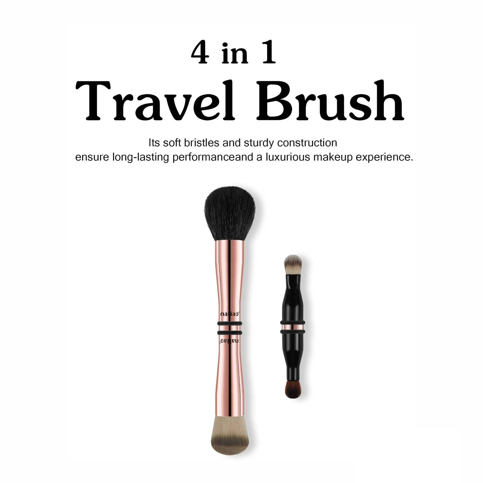 MALIAO 4 in 1 Travel Brush with Foundation Brush, Powder Brush, Eyeshadow Blending Brush & Flat Brush | Soft Bristles Makeup Brushes Set for Women