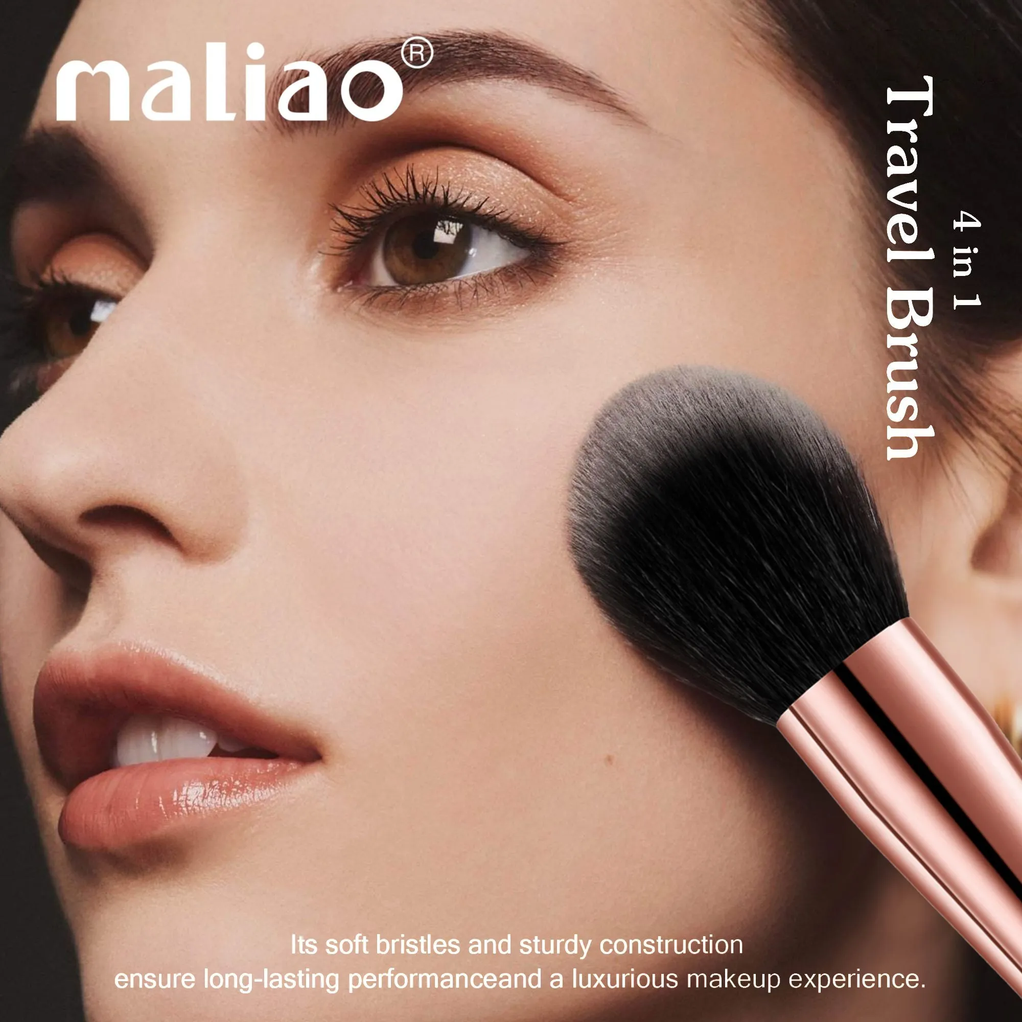 MALIAO 4 in 1 Travel Brush with Foundation Brush, Powder Brush, Eyeshadow Blending Brush & Flat Brush | Soft Bristles Makeup Brushes Set for Women