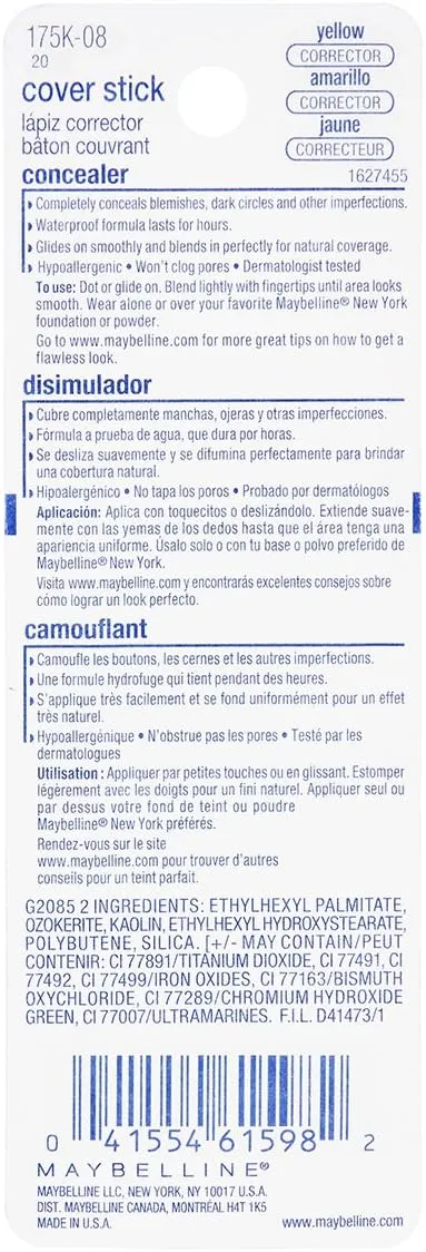 Maybelline New York Cover Stick Corrector Concealer, Yellow Corrects Dark Circles, 0.16 oz.