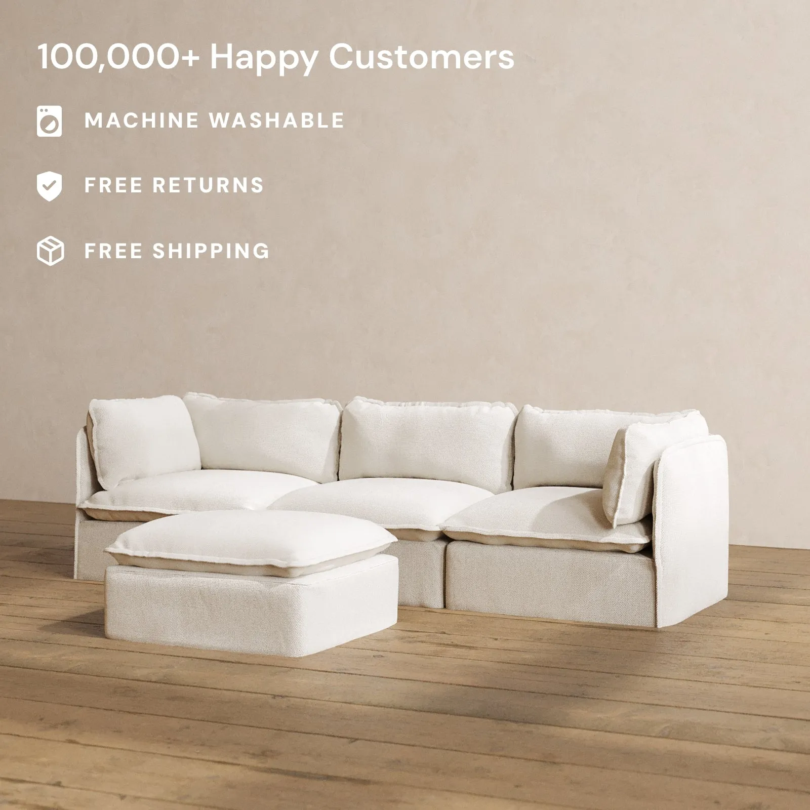 Modular Washable 3-Seater   Ottoman in Powder | Deluxe  Seat | Contour Pillow
