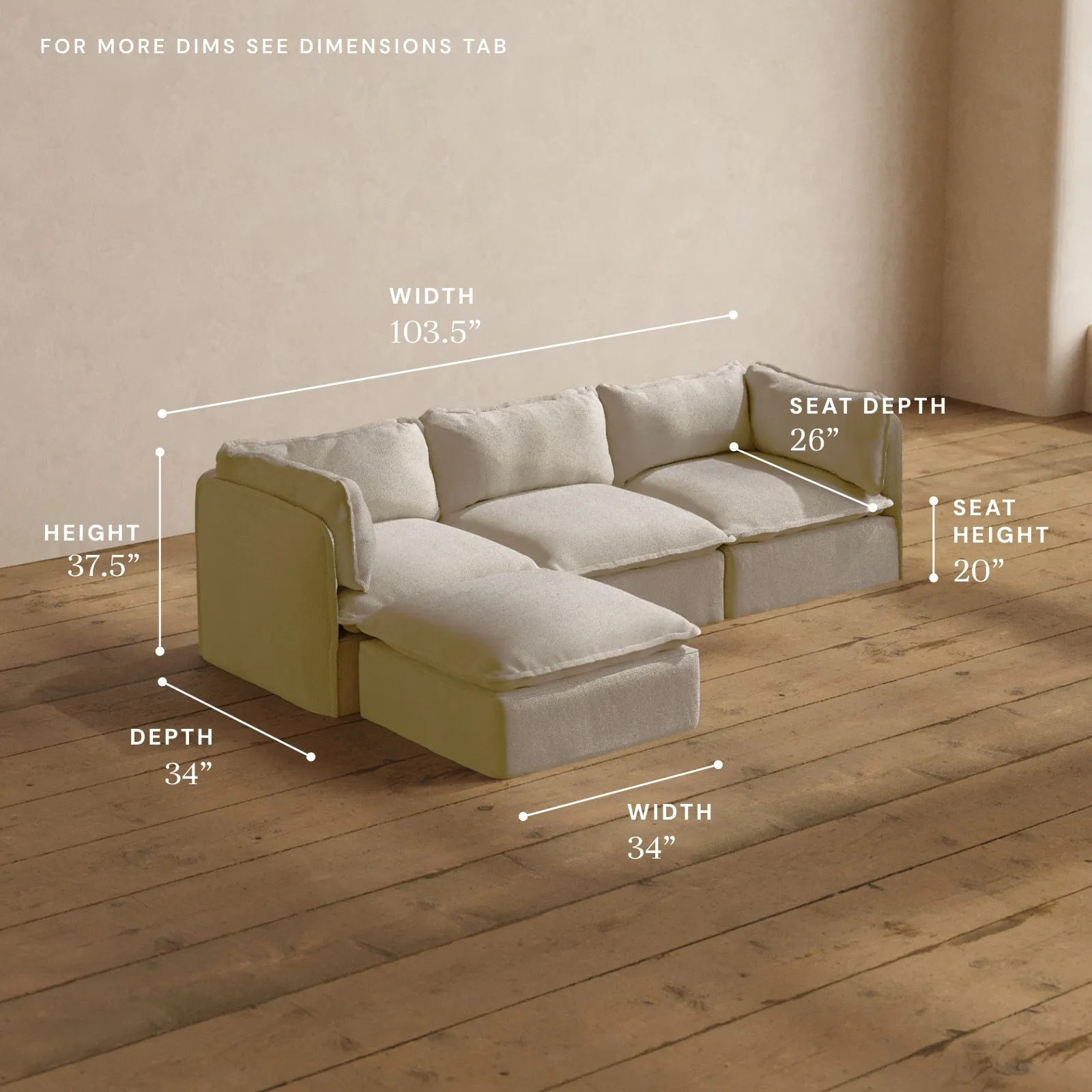 Modular Washable 3-Seater Sectional in Powder | Deluxe  Seat | Contour Pillow