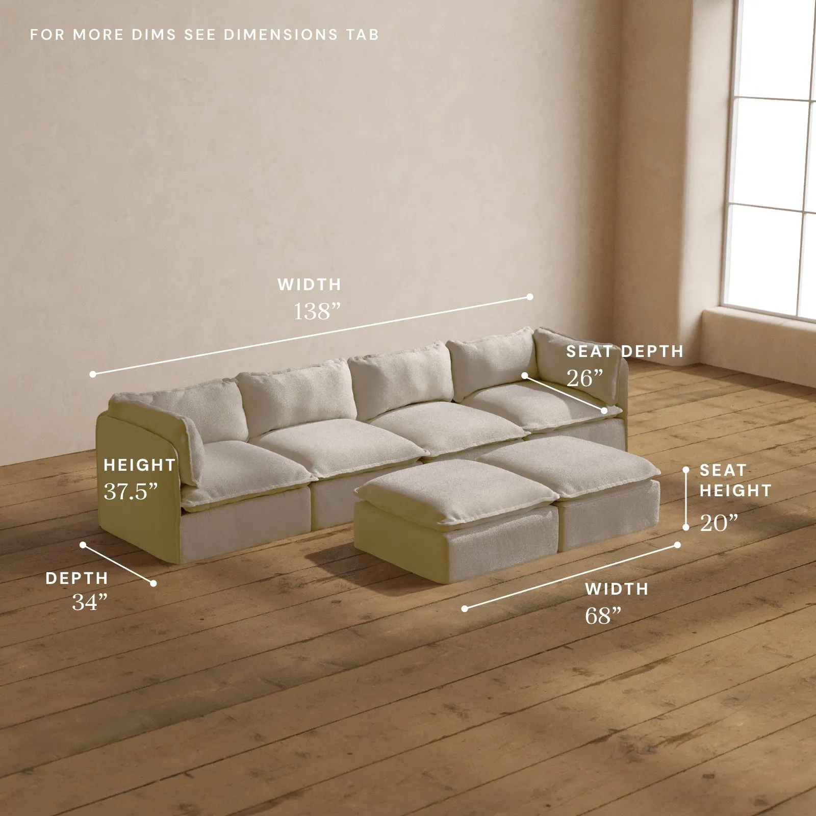 Modular Washable 4-Seater   Bench Ottoman in Powder | Memorix  Seat | Contour Pillow