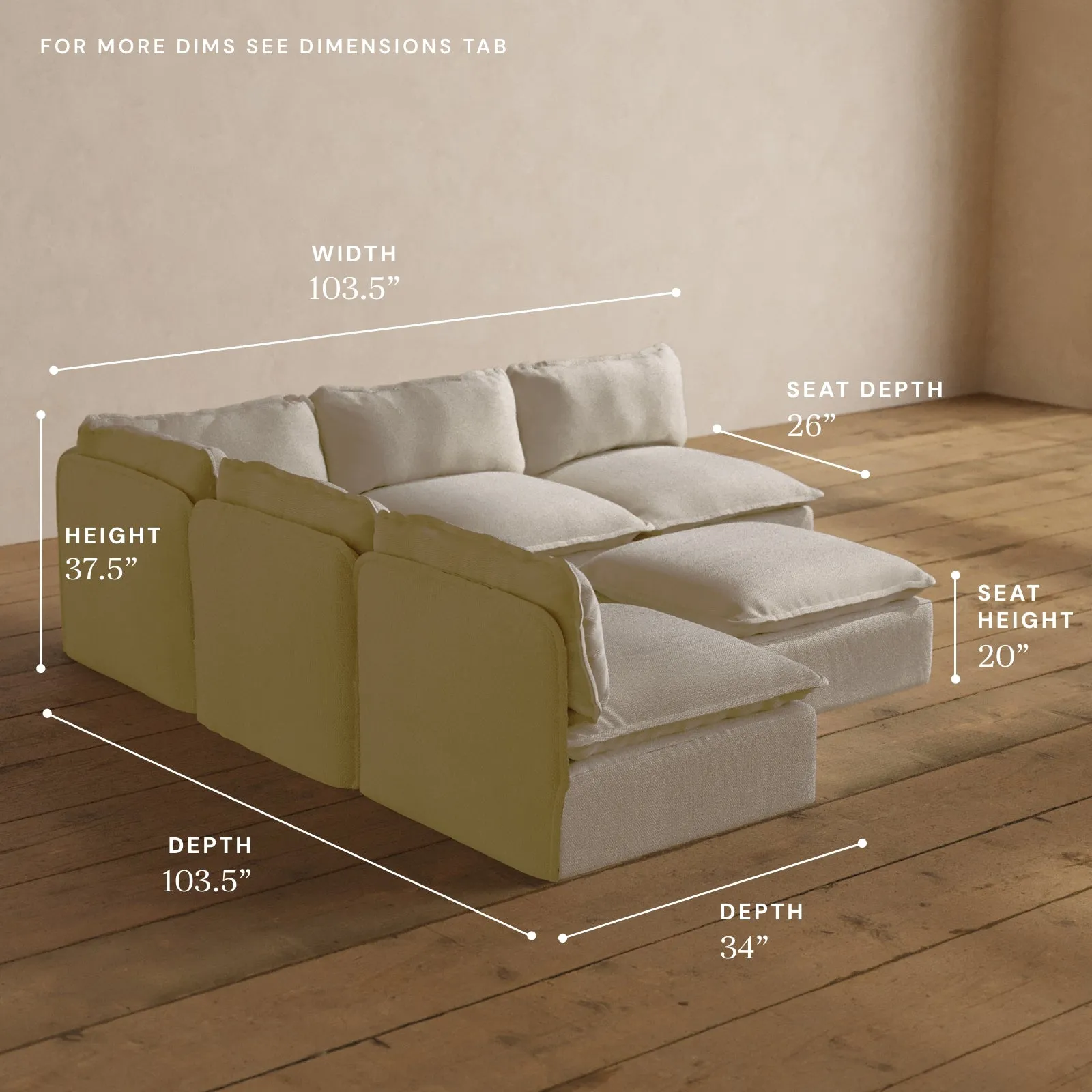 Modular Washable 5-Seater Open-Ends Corner Sectional   Ottoman in Powder | Memorix  Seat | Contour Pillow