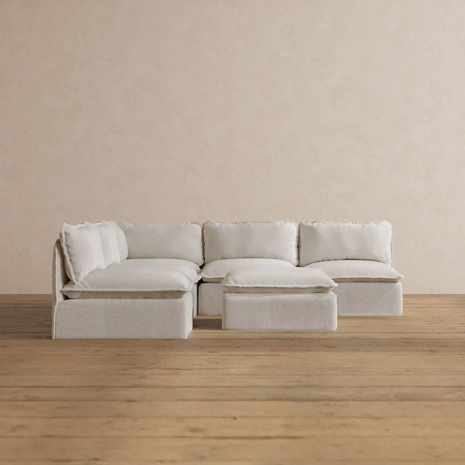 Modular Washable 5-Seater Open-Ends Corner Sectional   Ottoman in Powder | Memorix  Seat | Contour Pillow