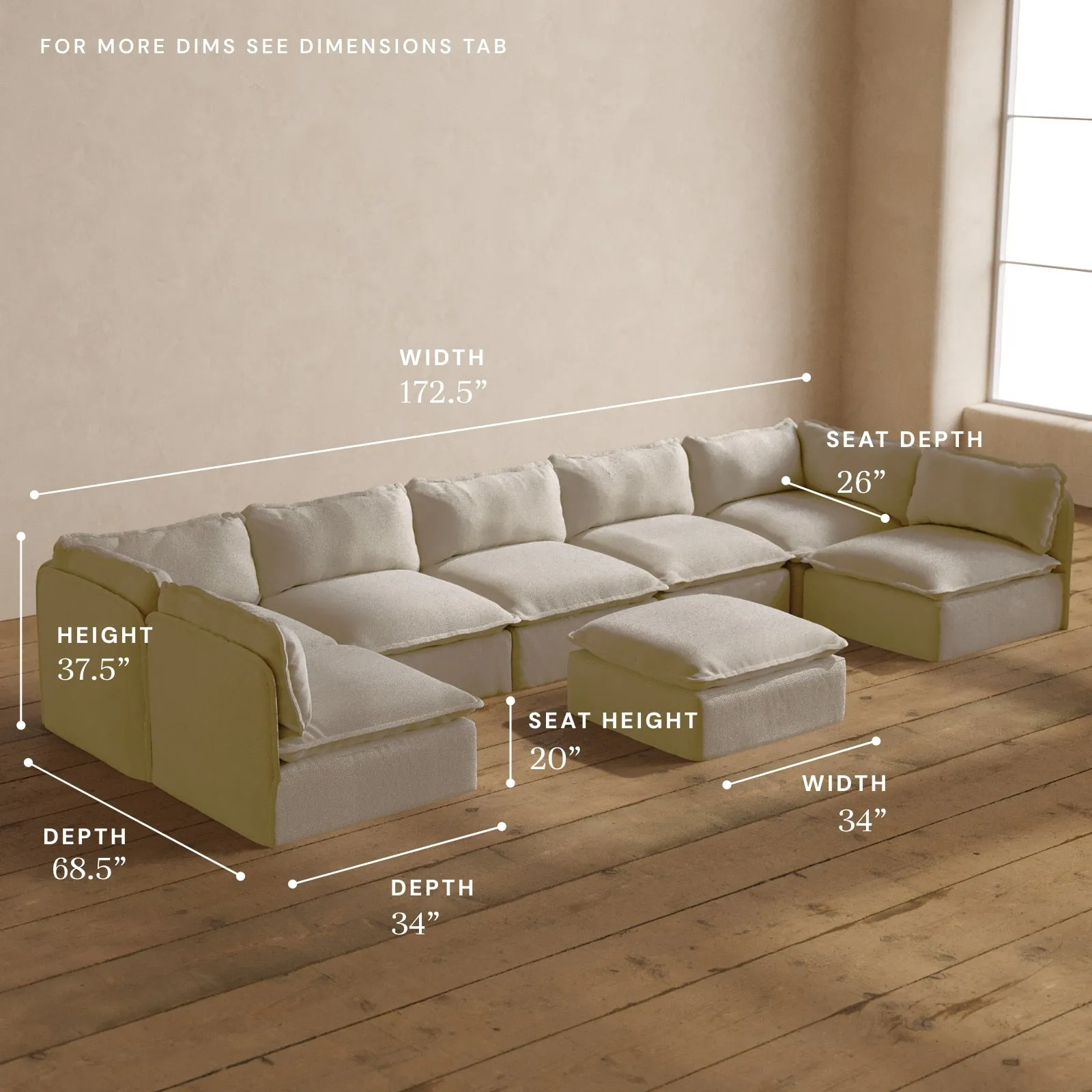 Modular Washable 7-Seater Open-Ends U-Sectional   Ottoman in Powder | Deluxe  Seat | Contour Pillow