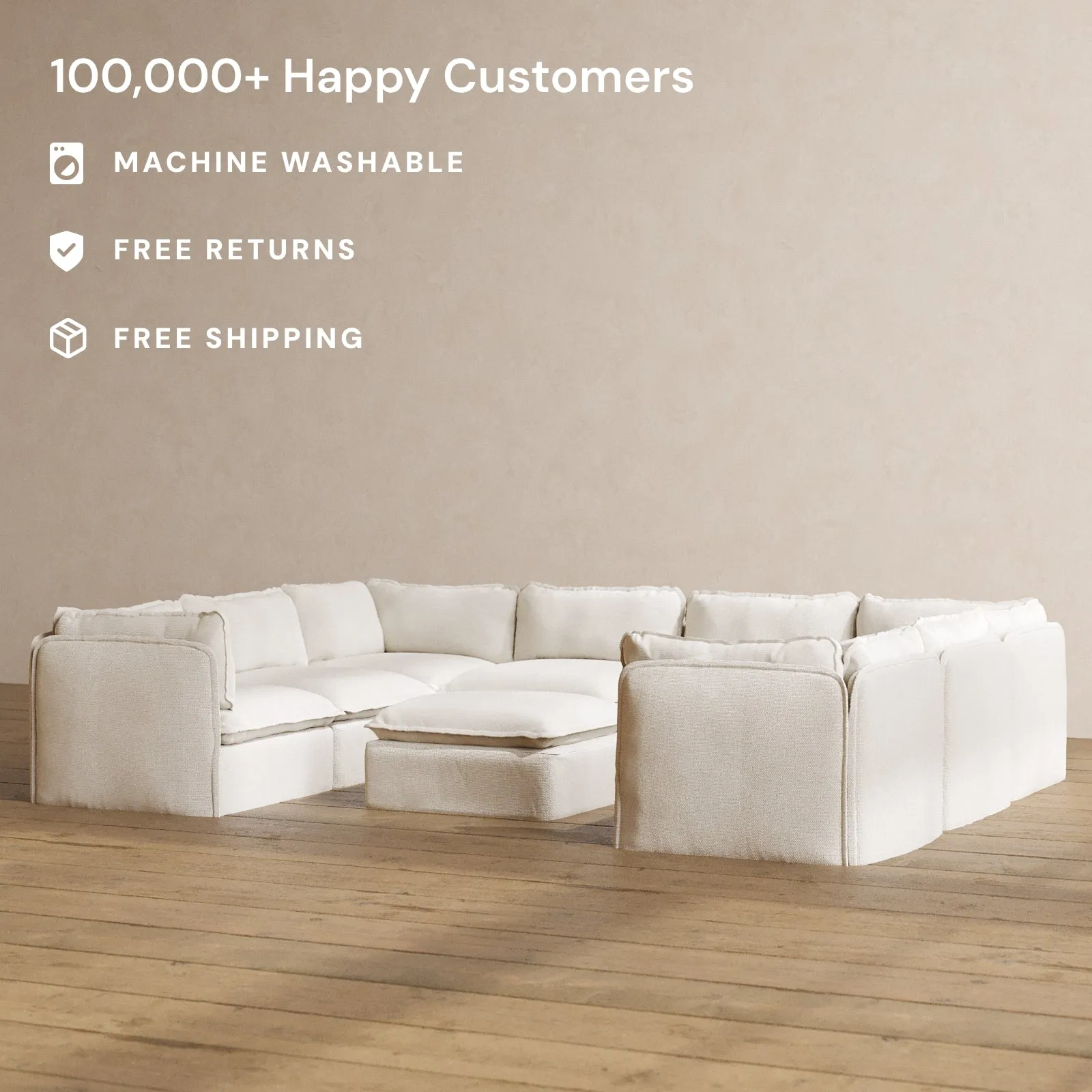 Modular Washable 8-Seater U-Sectional   Ottoman in Powder | Memorix  Seat | Contour Pillow