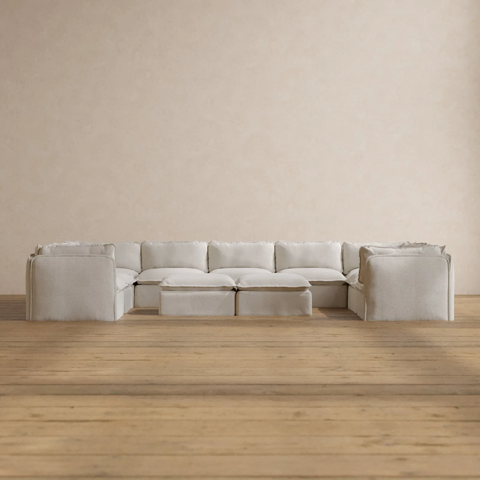 Modular Washable 9-Seater U-Sectional   Bench Ottoman in Powder | Deluxe  Seat | Contour Pillow