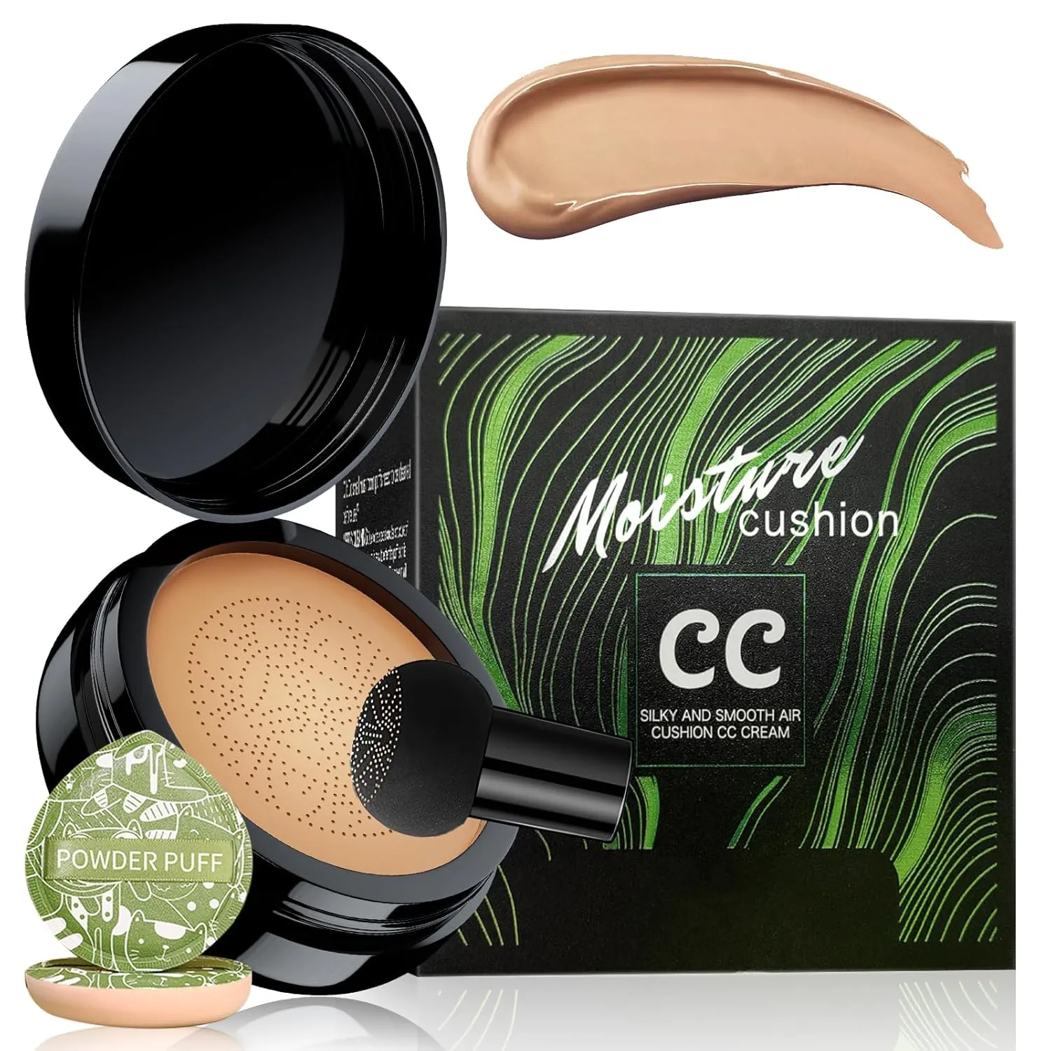 Mushroom Head Air Cushion CC Cream - BB Cream Foundation Makeup Moisturizing Concealer Long Lasting Waterproof With Powder Puff, Even Skin Tone (Medium Deep, Pack of 1)