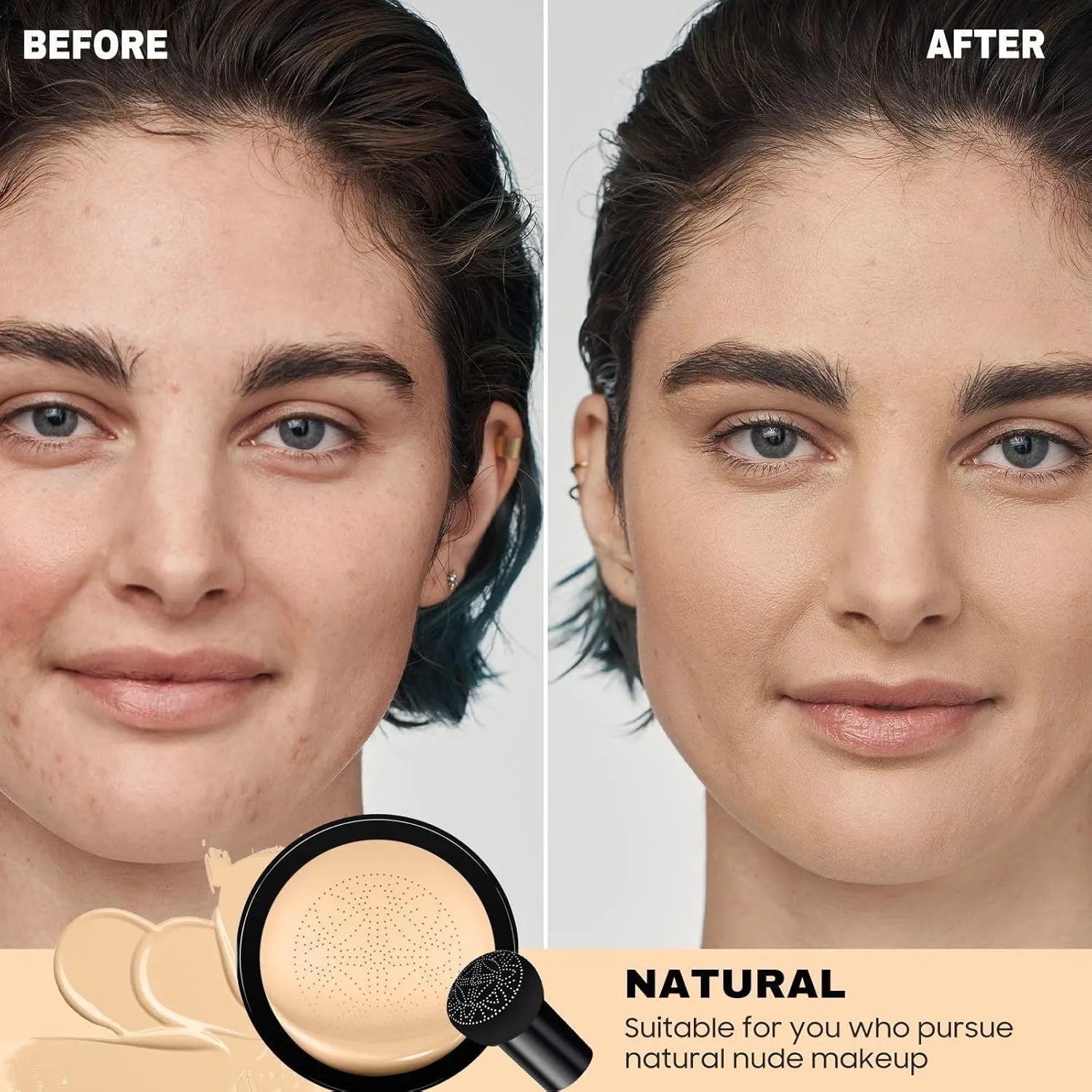 Mushroom Head Air Cushion CC Cream - Brightening & Moisturizing BB Cream Makeup Long Lasting Matte Concealer, Even Skin Tone for All Skin Types (Natural, 3.21 Ounce (Pack of 1))