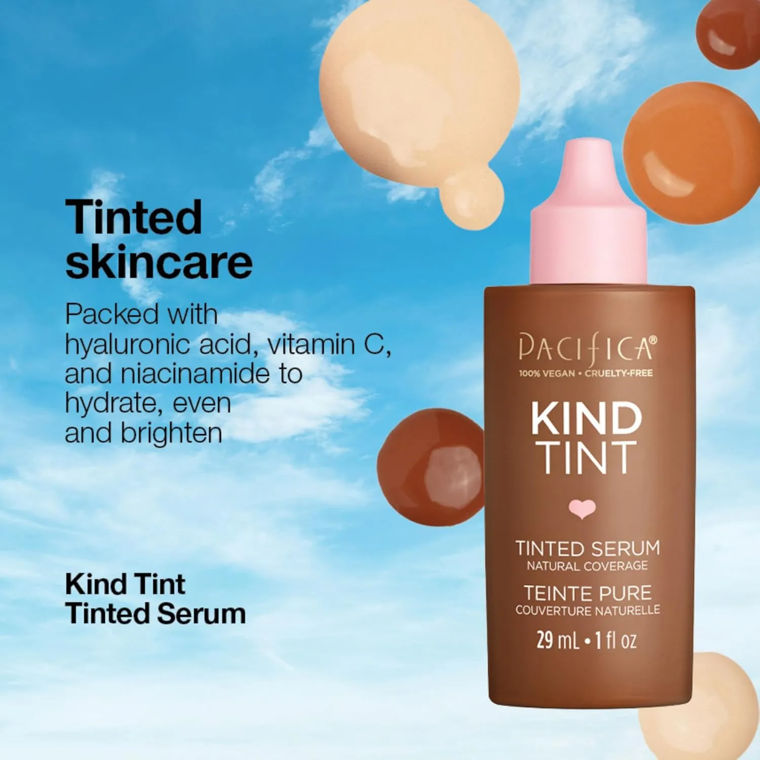 Pacifica Tinted Moisturizer  Kind Tint Serum, Lightweight Hydrating Foundation with Vegan Collagen & Hyaluronic Acid for Dewy Glow, Buildable Coverage, Vegan, 1 fl oz (Shade 08)