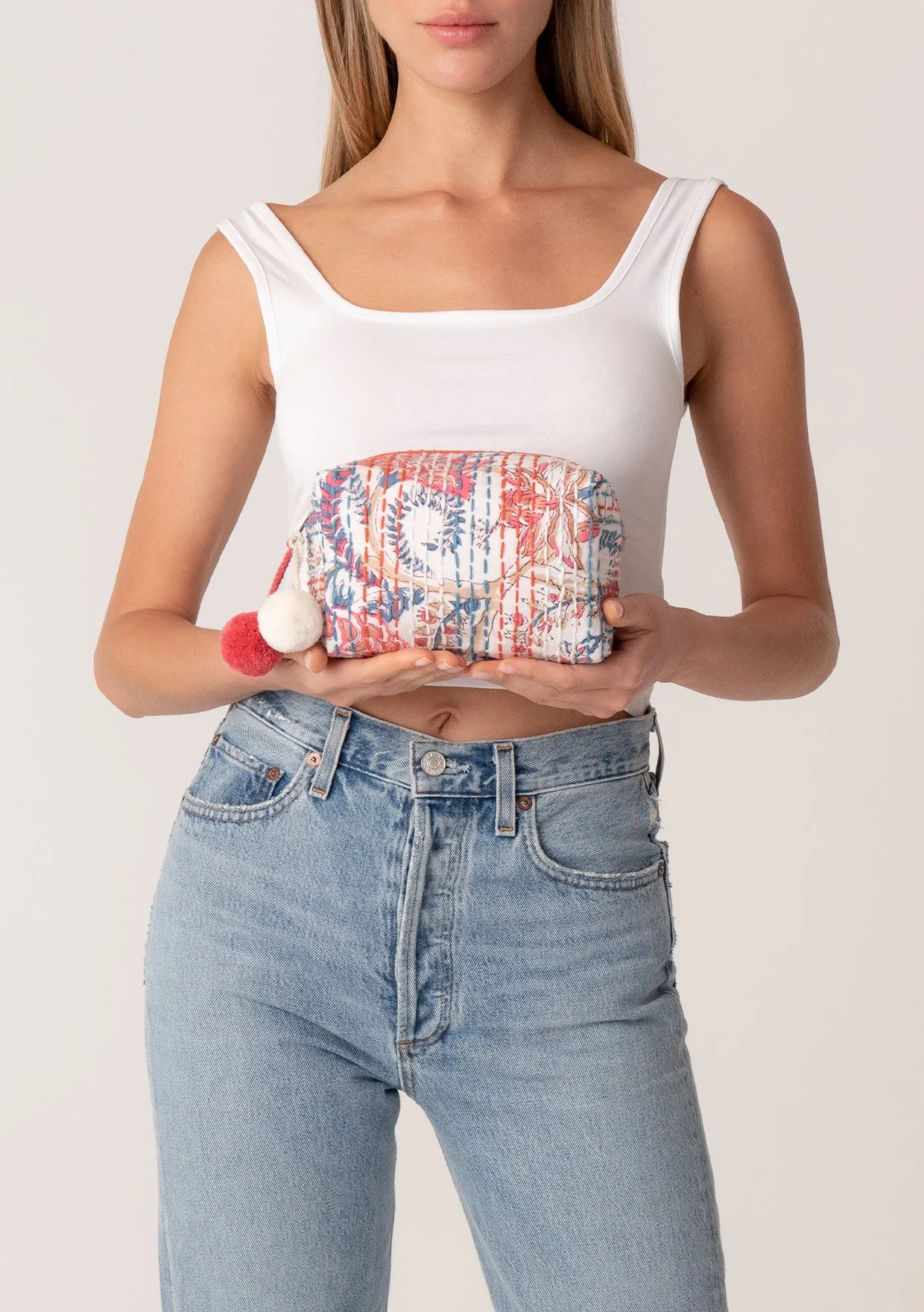 Pink Printed Kantha Stitched Origami Cosmetic Bag