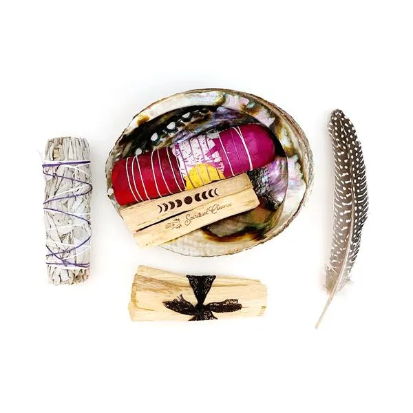 SMUDGE KIT - abalone shell, engraved Palo Santo, white sage, feather