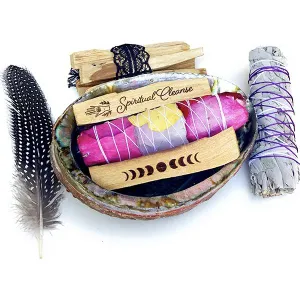 SMUDGE KIT - abalone shell, engraved Palo Santo, white sage, feather