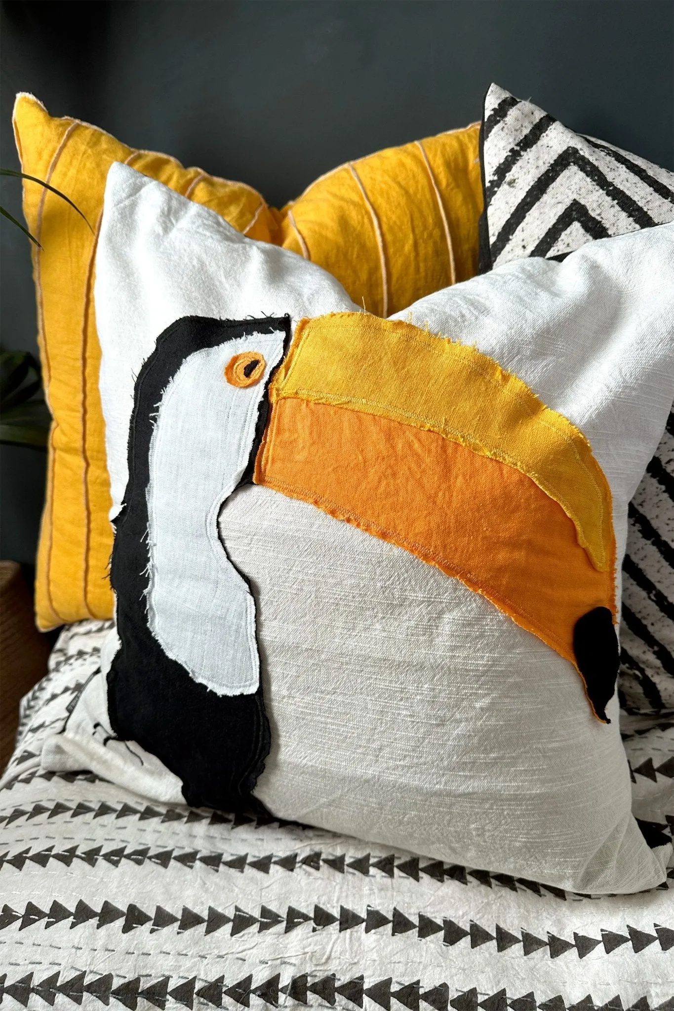 TOUCAN! Handmade Appliqué Linen Cushion