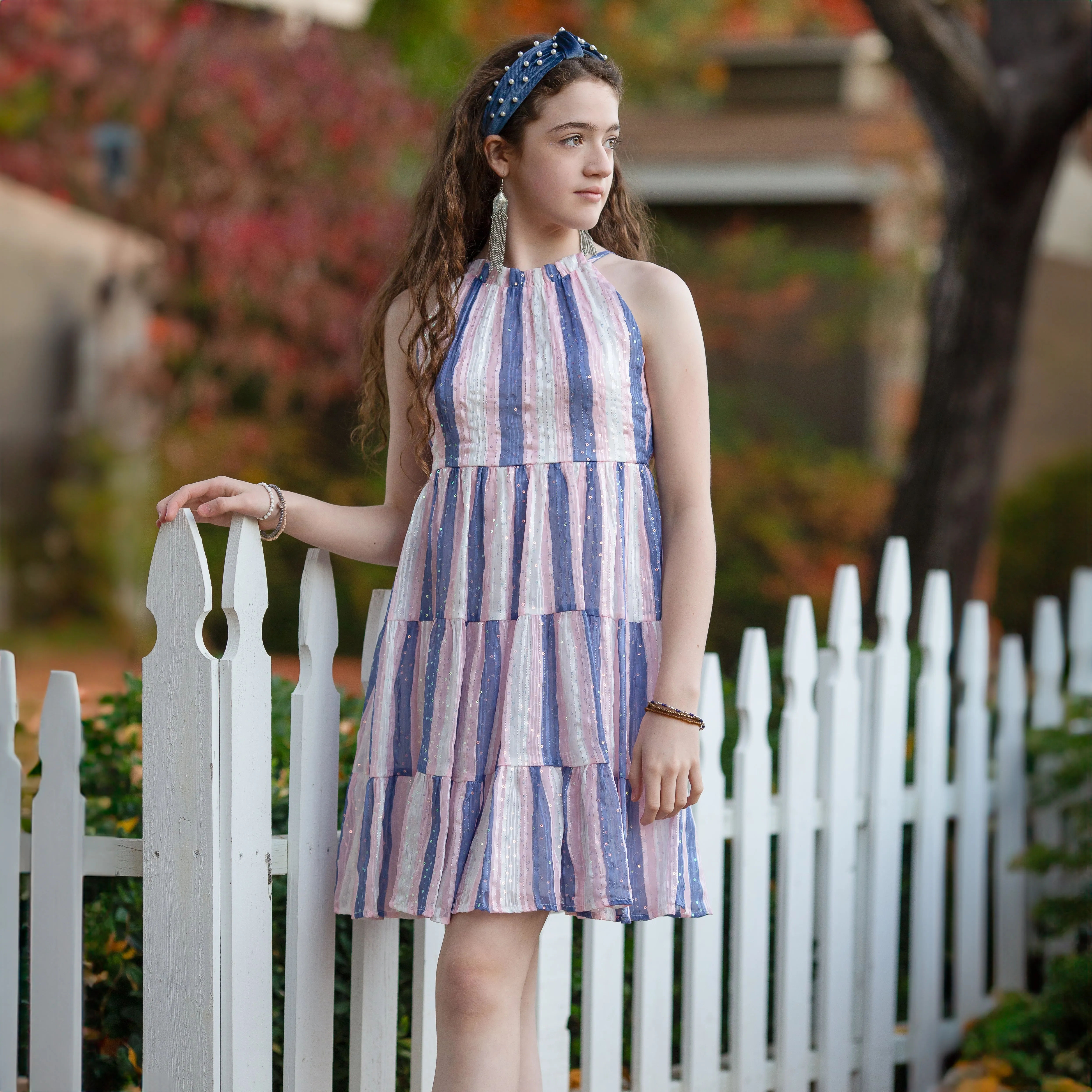 Tween Sequin Shadow Stripe Tiered Dress
