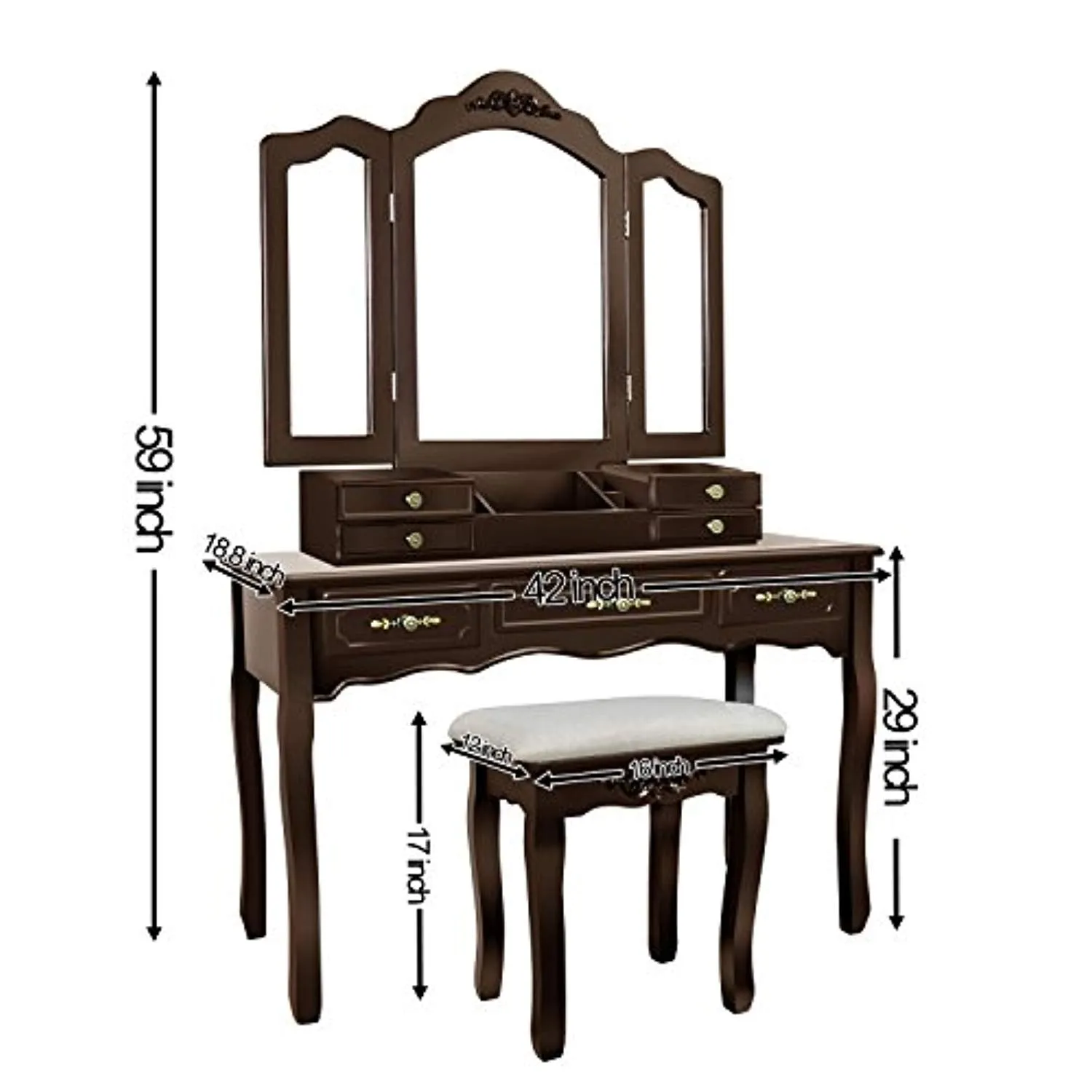 Vanity Beauty Station,Large 7 Drawers Makeup Dress Table with Cushioned Stool Set