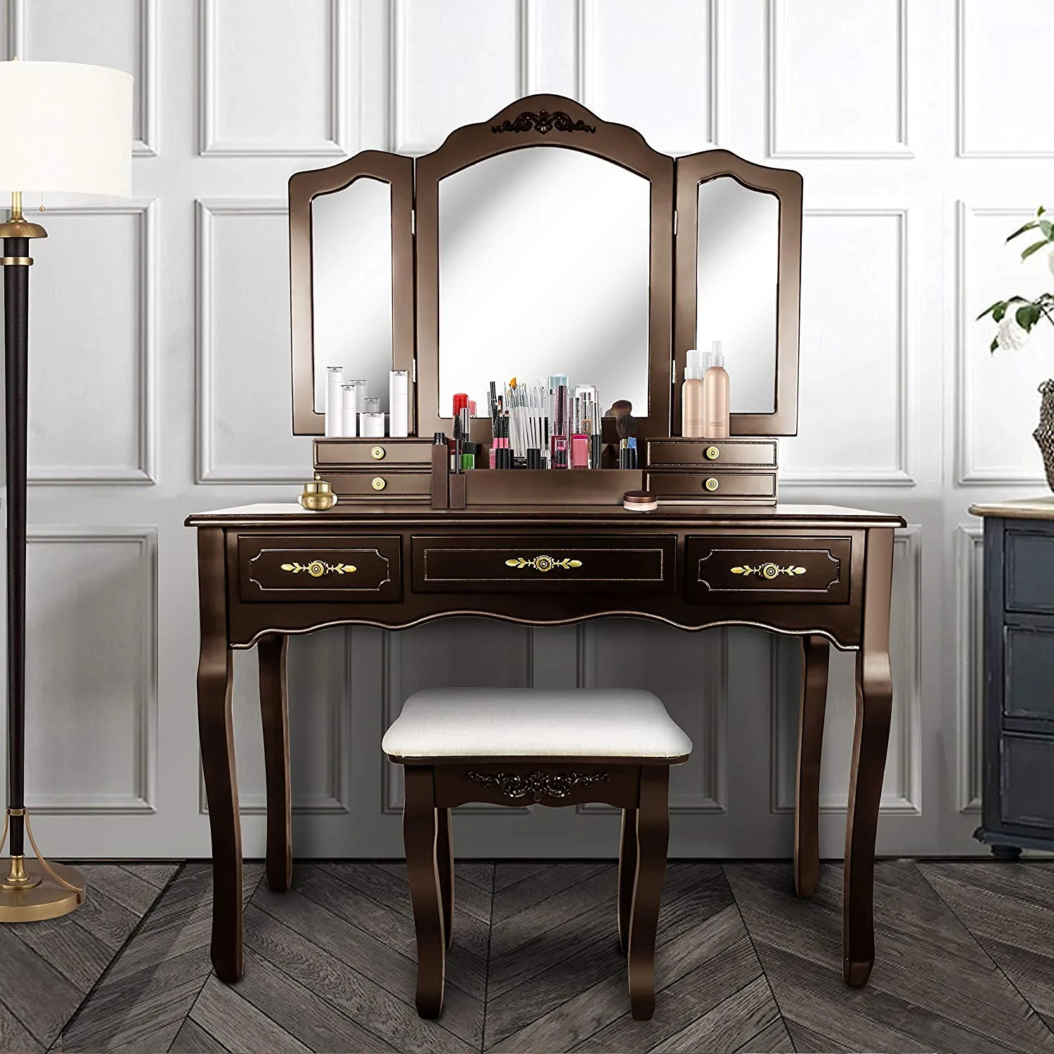 Vanity Beauty Station,Large 7 Drawers Makeup Dress Table with Cushioned Stool Set