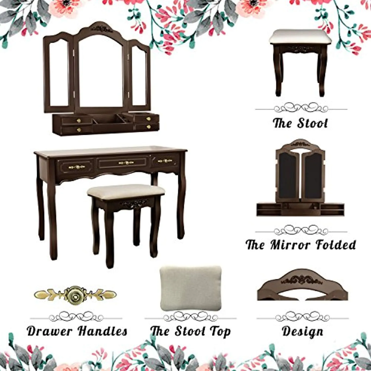 Vanity Beauty Station,Large 7 Drawers Makeup Dress Table with Cushioned Stool Set
