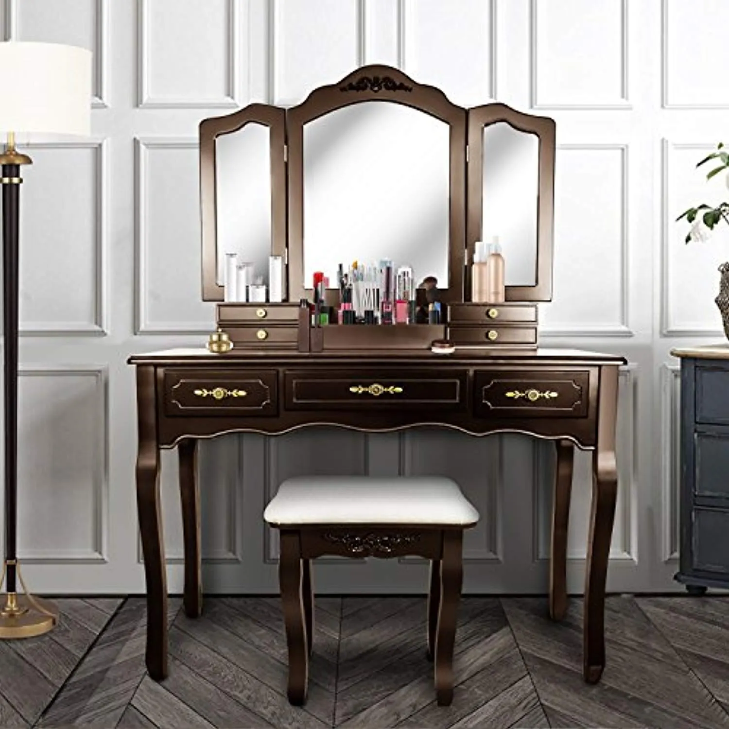 Vanity Beauty Station,Large 7 Drawers Makeup Dress Table with Cushioned Stool Set