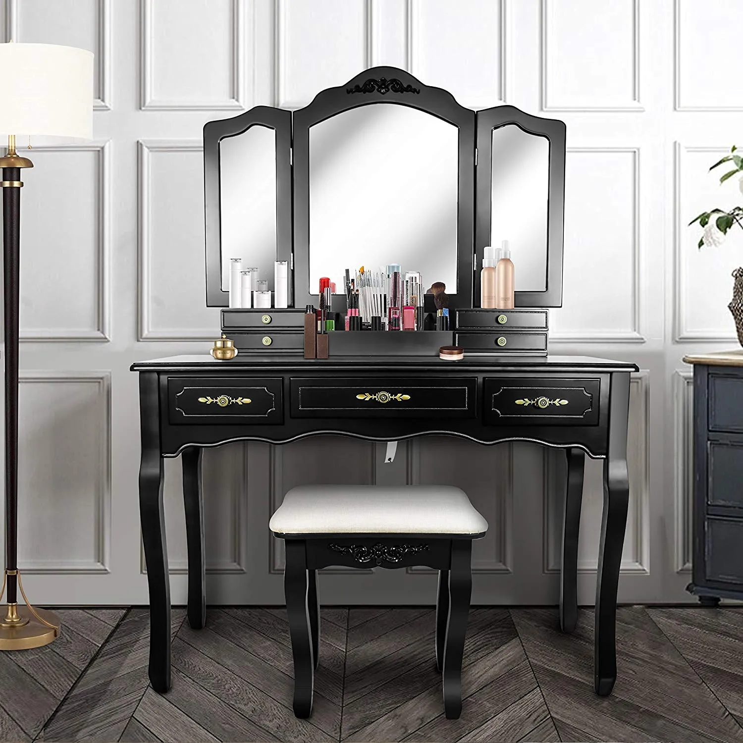 Vanity Beauty Station,Large 7 Drawers Makeup Dress Table with Cushioned Stool Set