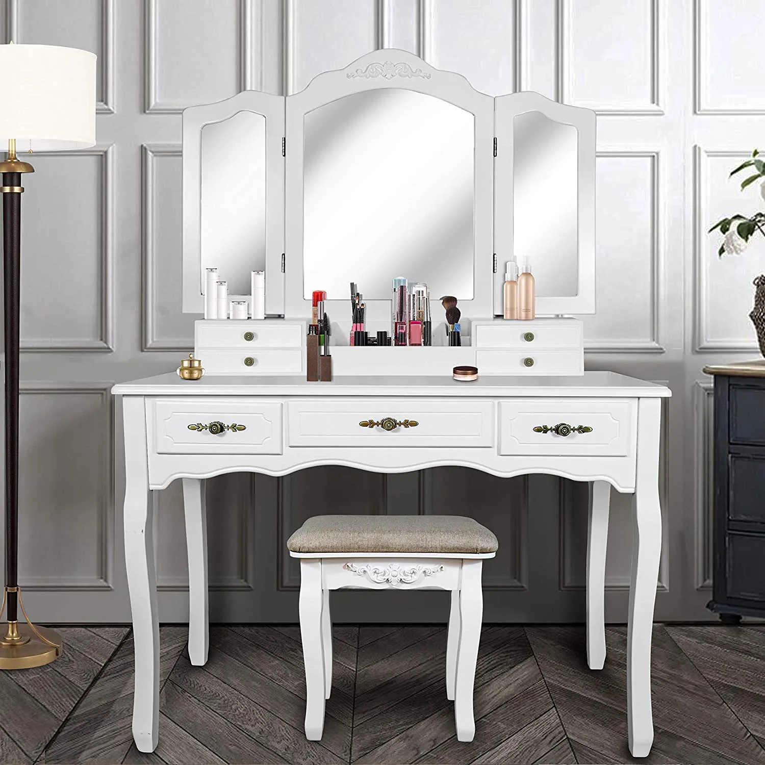 Vanity Beauty Station,Large 7 Drawers Makeup Dress Table with Cushioned Stool Set