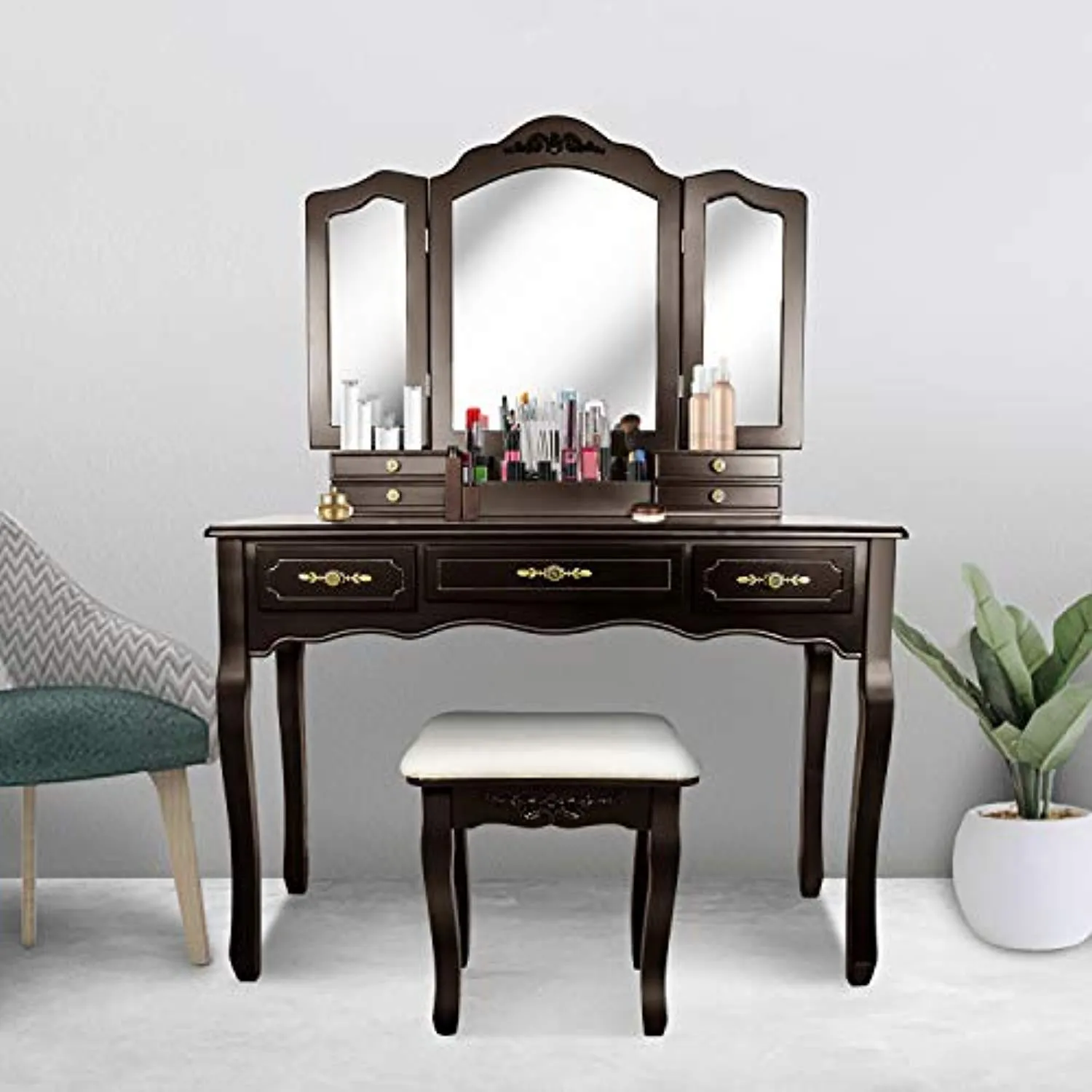 Vanity Beauty Station,Large 7 Drawers Makeup Dress Table with Cushioned Stool Set