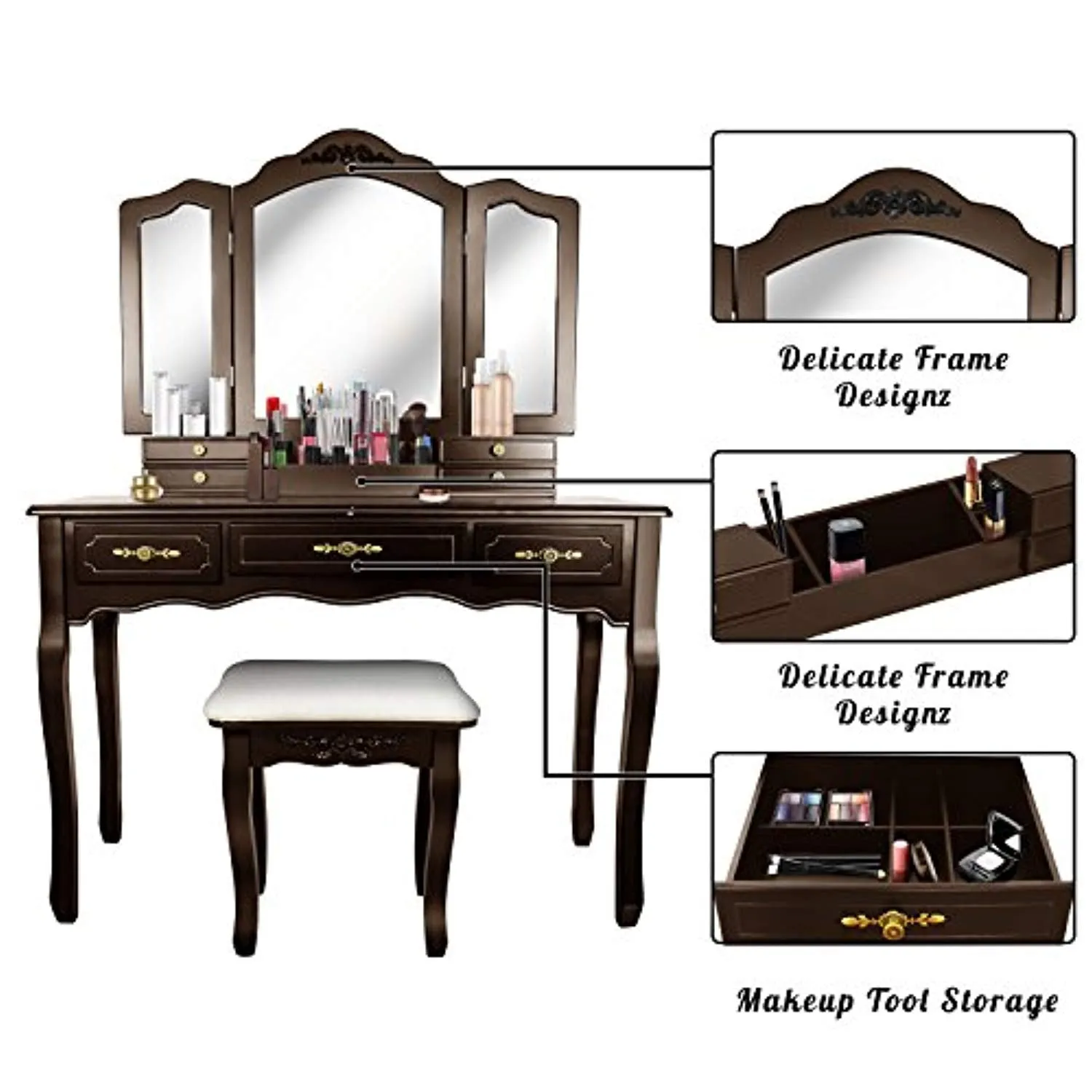 Vanity Beauty Station,Large 7 Drawers Makeup Dress Table with Cushioned Stool Set