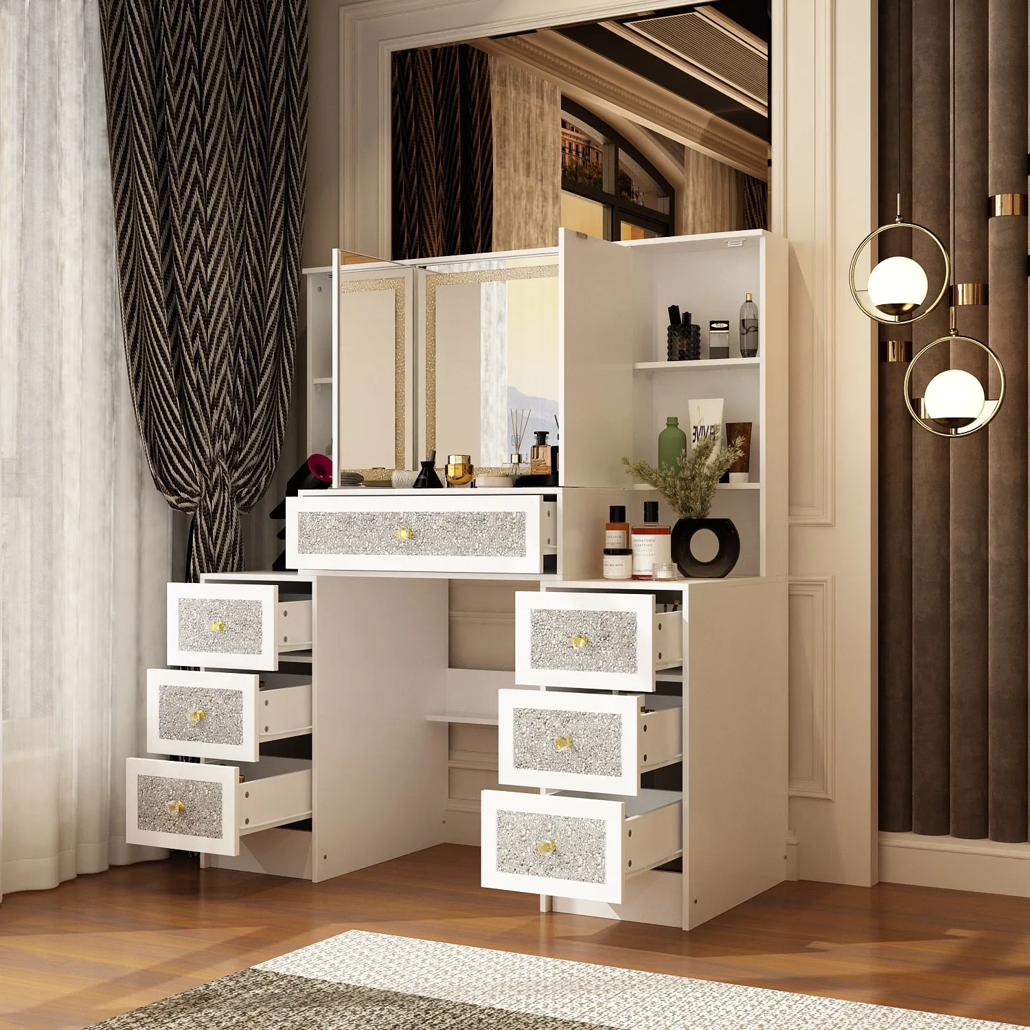 Vanity Desk with Lights & Crushed Diamond