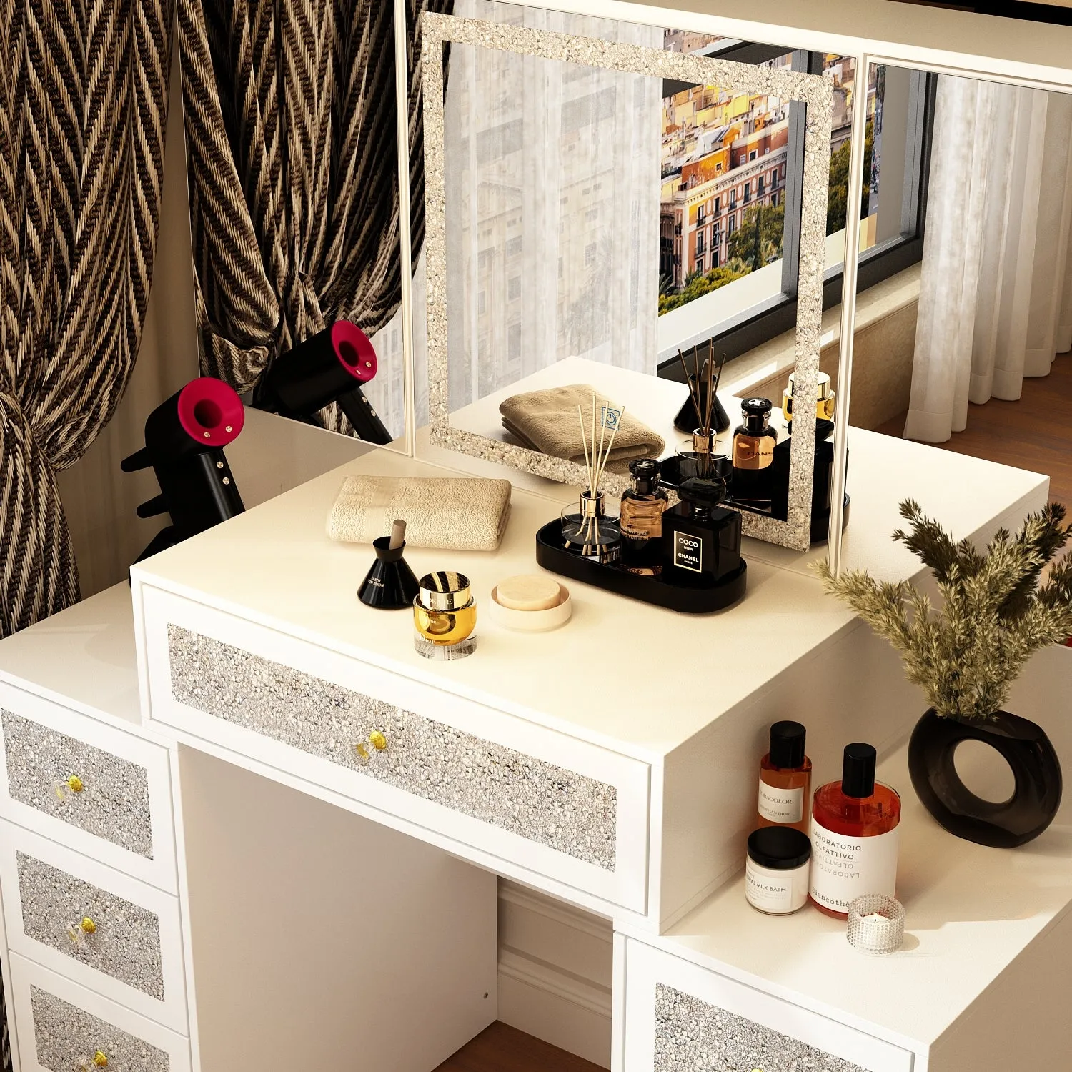 Vanity Desk with Lights & Crushed Diamond