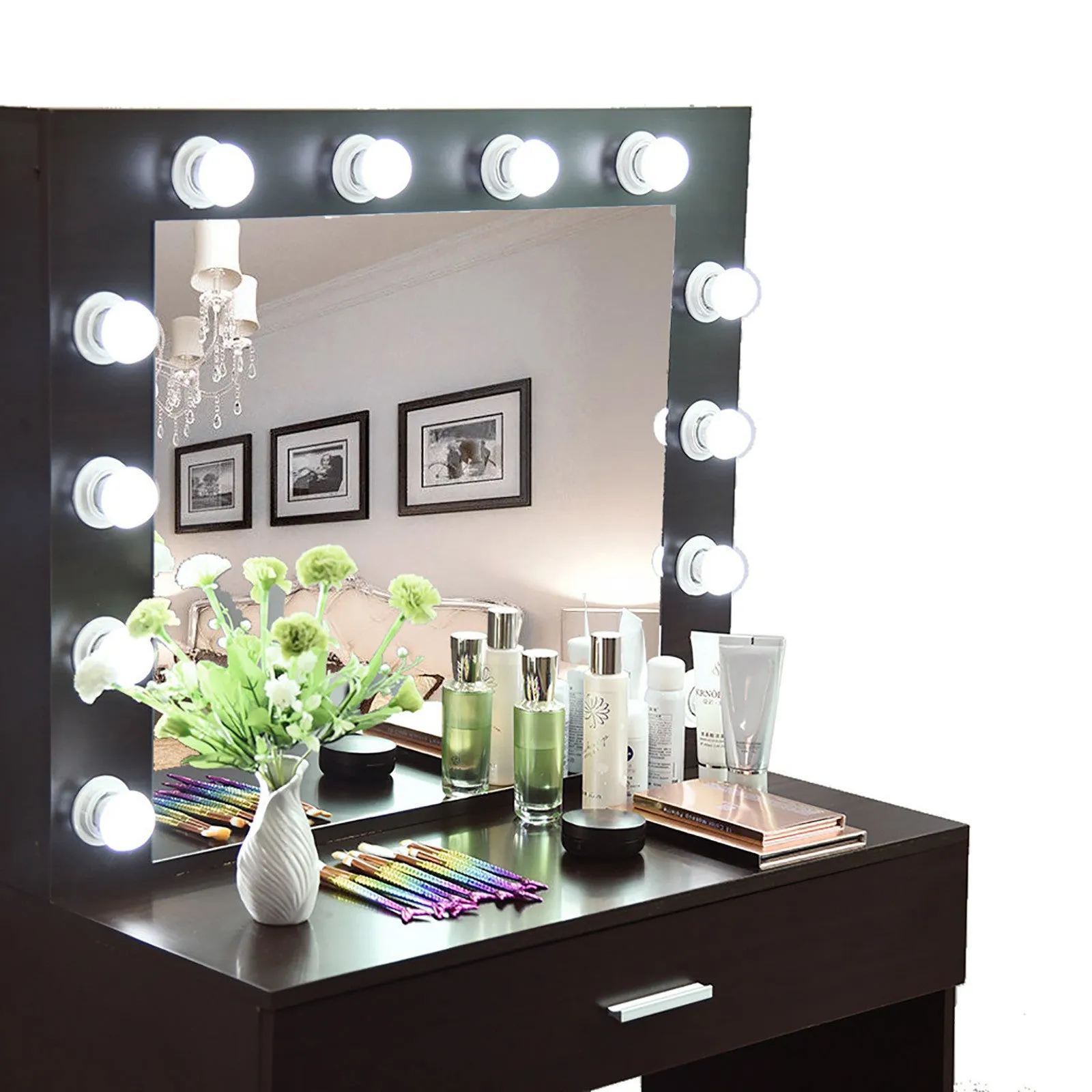 Vanity Set With Lighted Mirror Cushioned Stool Dressing Table Makeup Table