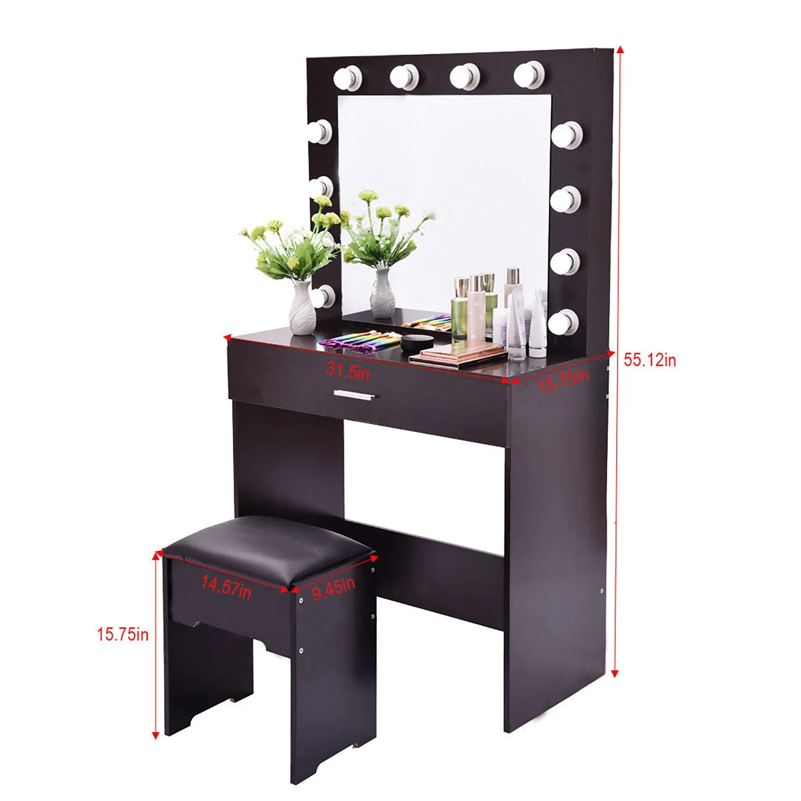 Vanity Set With Lighted Mirror Cushioned Stool Dressing Table Makeup Table