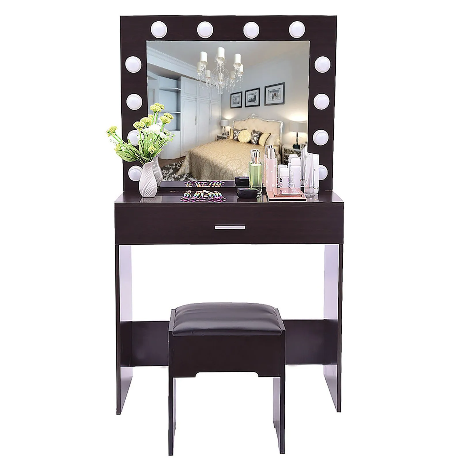 Vanity Set With Lighted Mirror Cushioned Stool Dressing Table Makeup Table