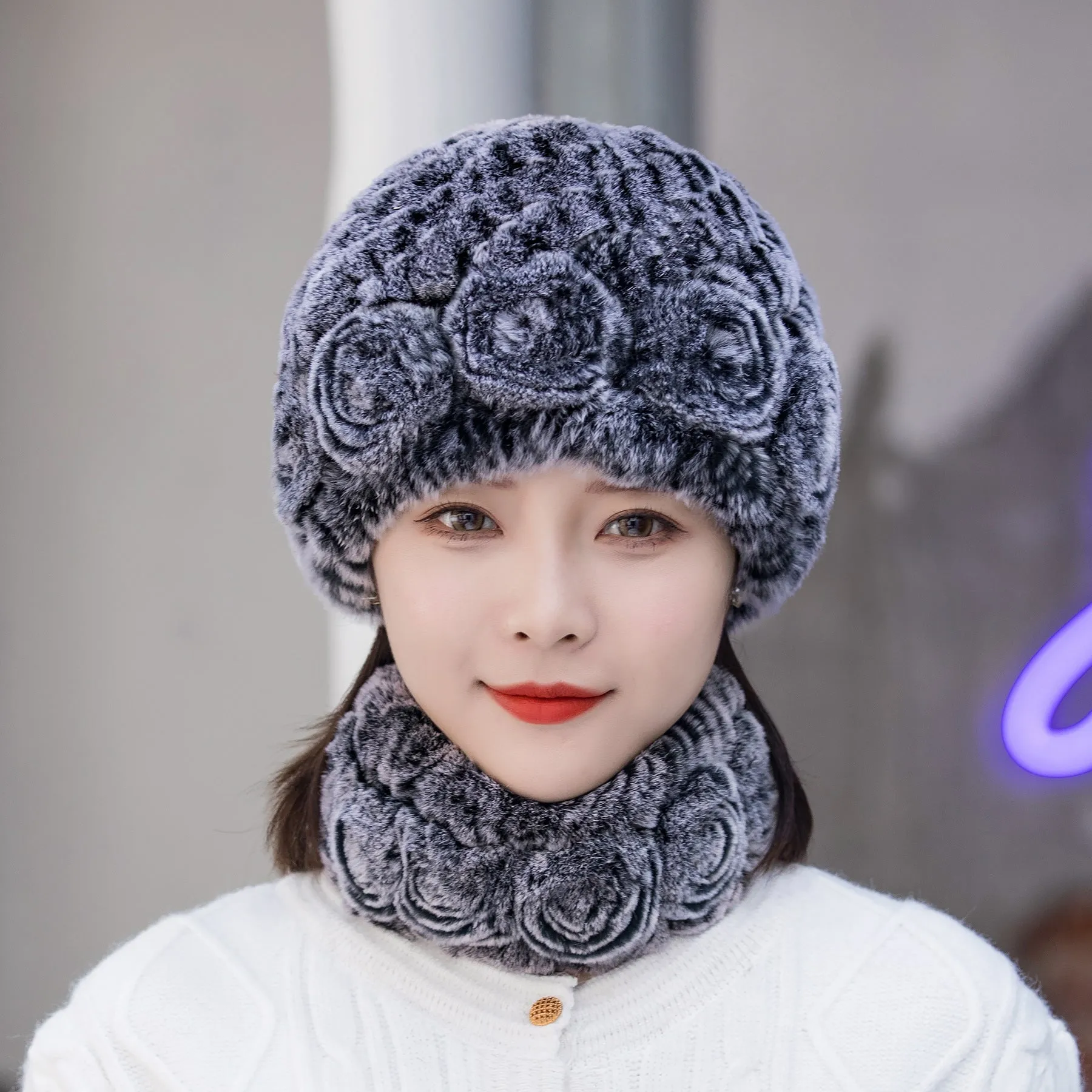 Winter Warm Rex Rabbit Fur Hat Scarf Suit