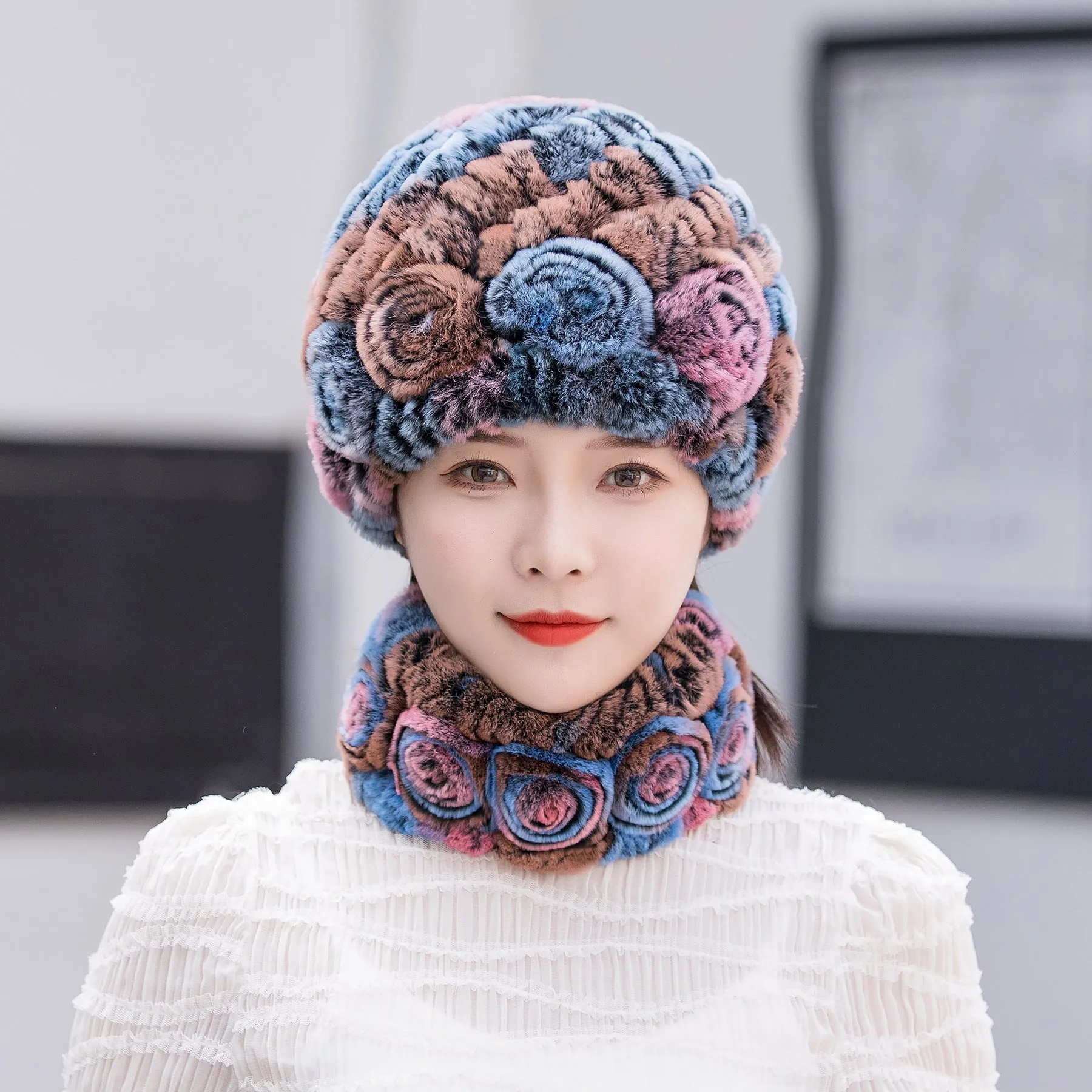 Winter Warm Rex Rabbit Fur Hat Scarf Suit