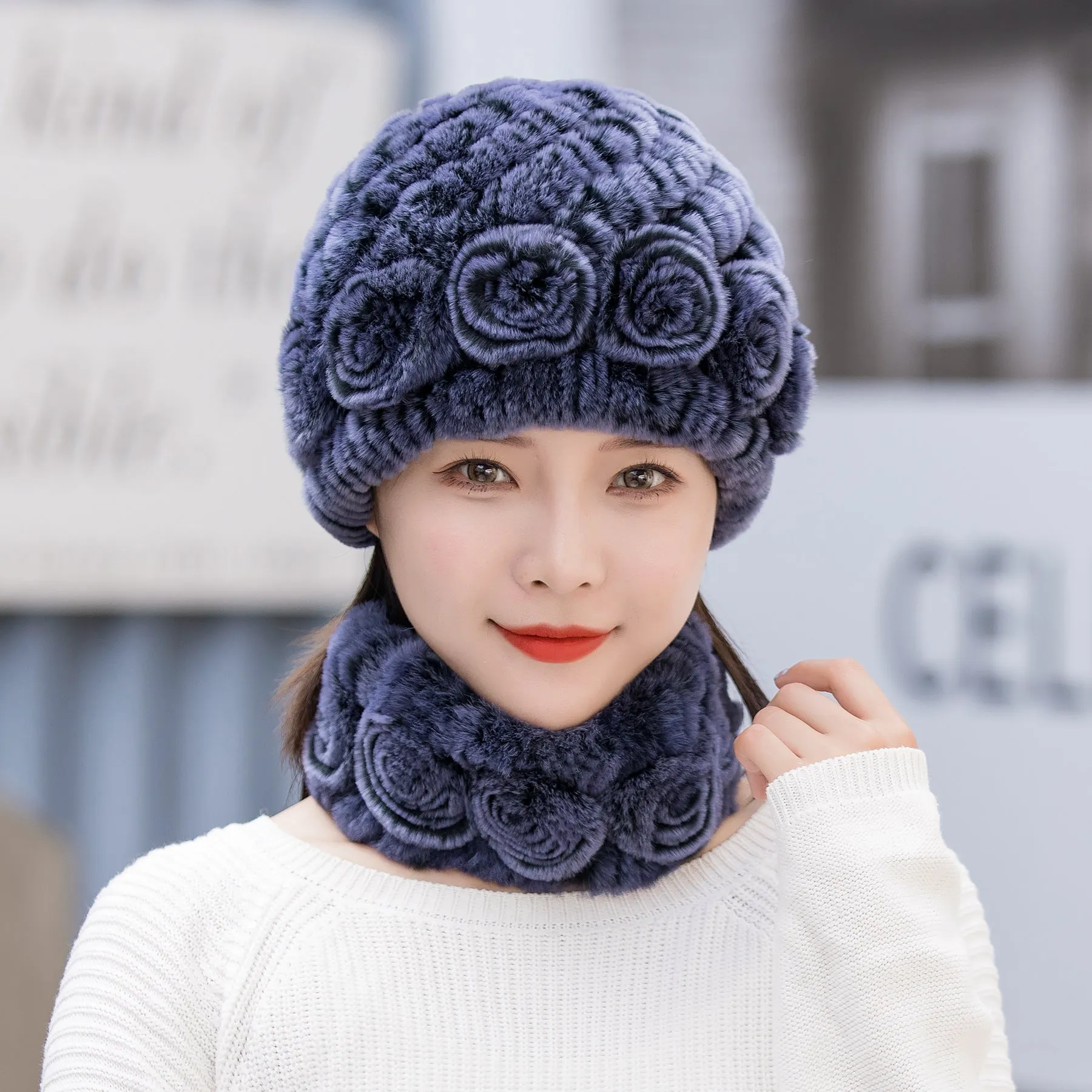 Winter Warm Rex Rabbit Fur Hat Scarf Suit