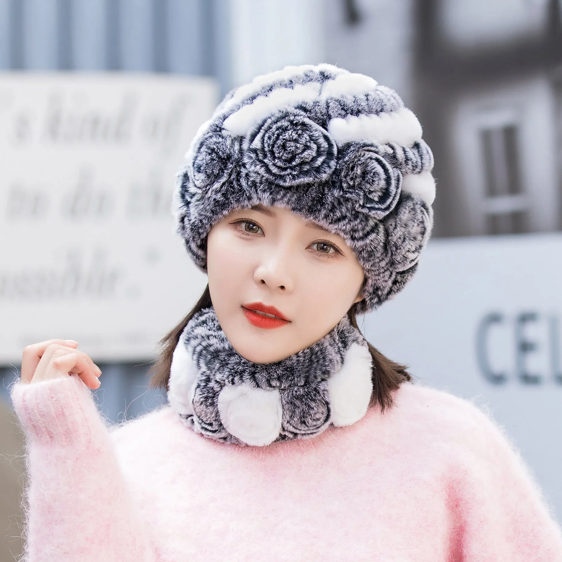 Winter Warm Rex Rabbit Fur Hat Scarf Suit
