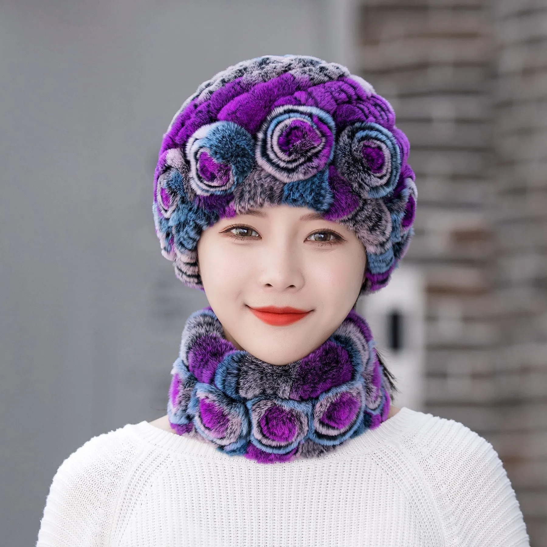 Winter Warm Rex Rabbit Fur Hat Scarf Suit