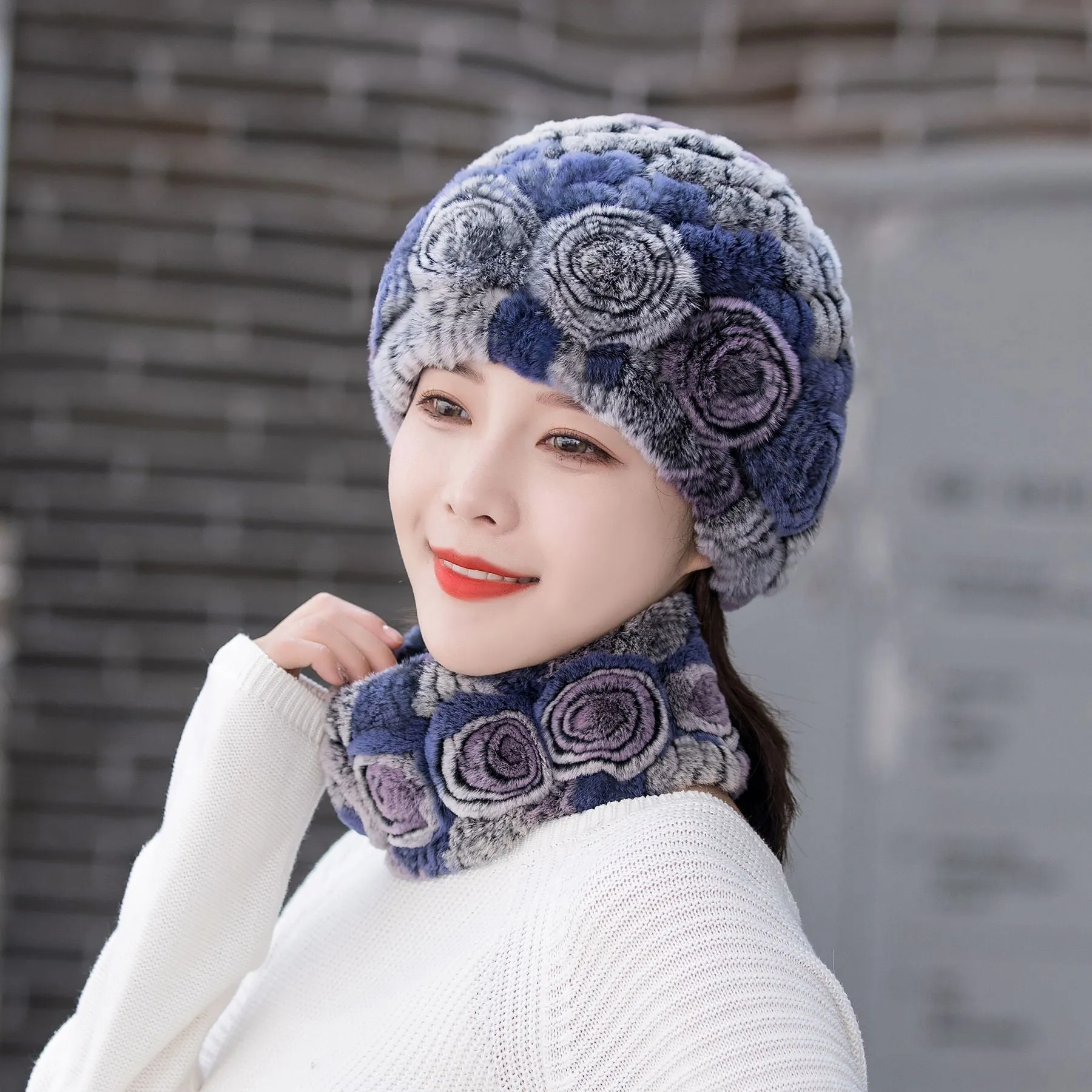 Winter Warm Rex Rabbit Fur Hat Scarf Suit