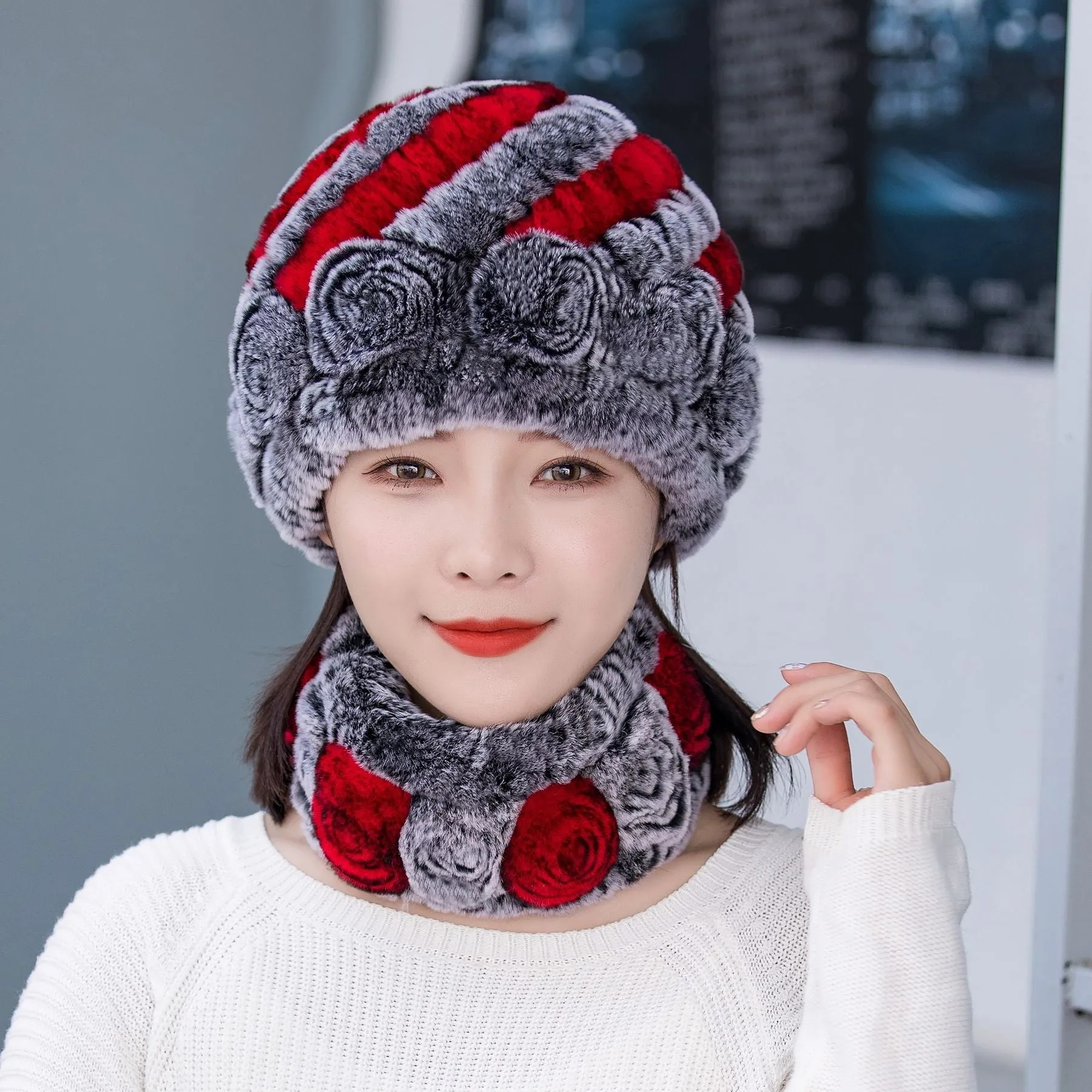 Winter Warm Rex Rabbit Fur Hat Scarf Suit